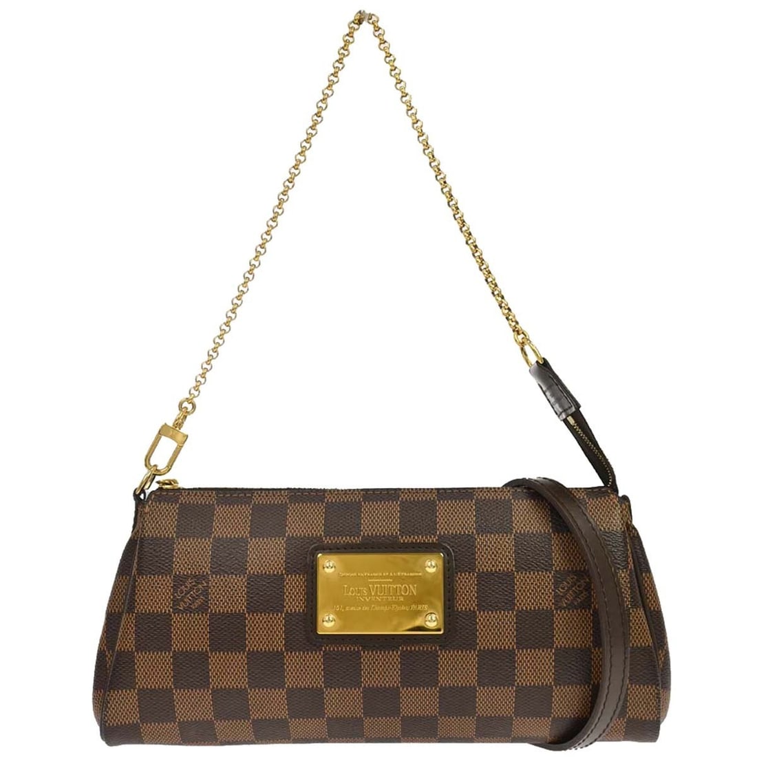 Louis Vuitton Eva N55213 Damier Ebene 2way Chain Bag: Louis Vuitton Eva N55213 Damier Ebene 2way Chain Bag A Louis Vuitton Damier Eva 2way Chain Handbag in Ebene brown, crafted from Damier canvas and leather. This handbag is described as in very good con