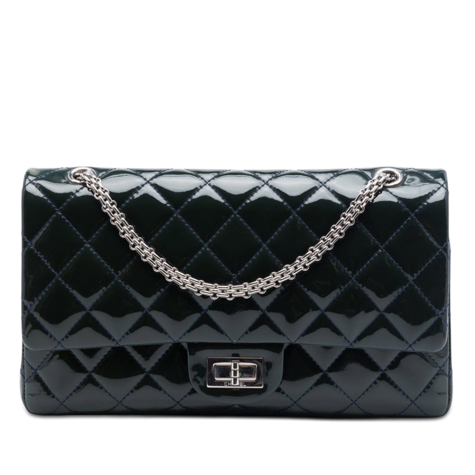 Chanel Reissue 2.55 227 Quilted Patent Leather Shoulder Bag Blue: Chanel Reissue 2.55 227 Quilted Patent Leather Shoulder Bag Blue Chanel Quilted Patent Reissue 2.55 Double Flap shoulder bag in blue, made in Italy. It features a quilted patent leather body, silver-t