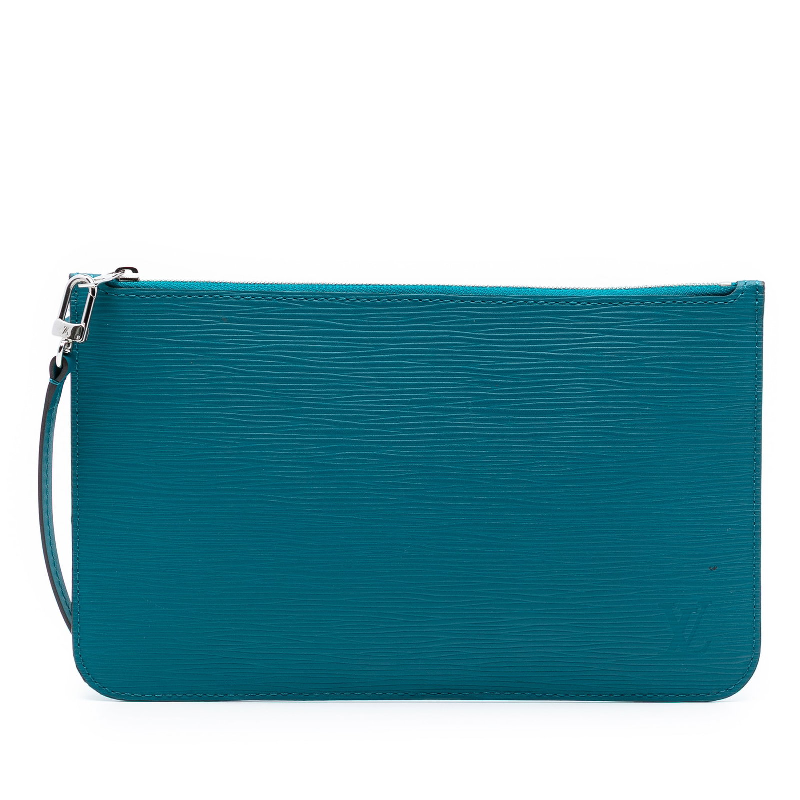Louis Vuitton Epi Leather Blue Neverfull Wristlet Pouch with Zip: Louis Vuitton Epi Leather Blue Neverfull Wristlet Pouch with Zip This Louis Vuitton Epi Neverfull Pouch features a blue epi leather exterior, a detachable flat leather wrist strap, a top zip closure, 