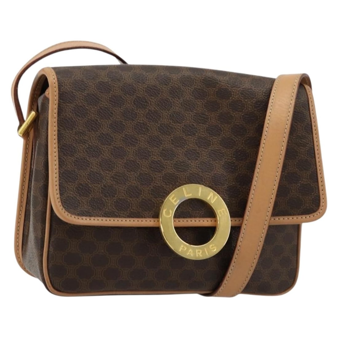 Celine Circle Shoulder Bag Macadam Canvas and PVC Leather Brown Gold: Celine Circle Shoulder Bag Macadam Canvas and PVC Leather Brown Gold A CELINE shoulder bag in brown and gold, made from PVC leather and Macadam canvas. It features a circle shoulder bag style and was 