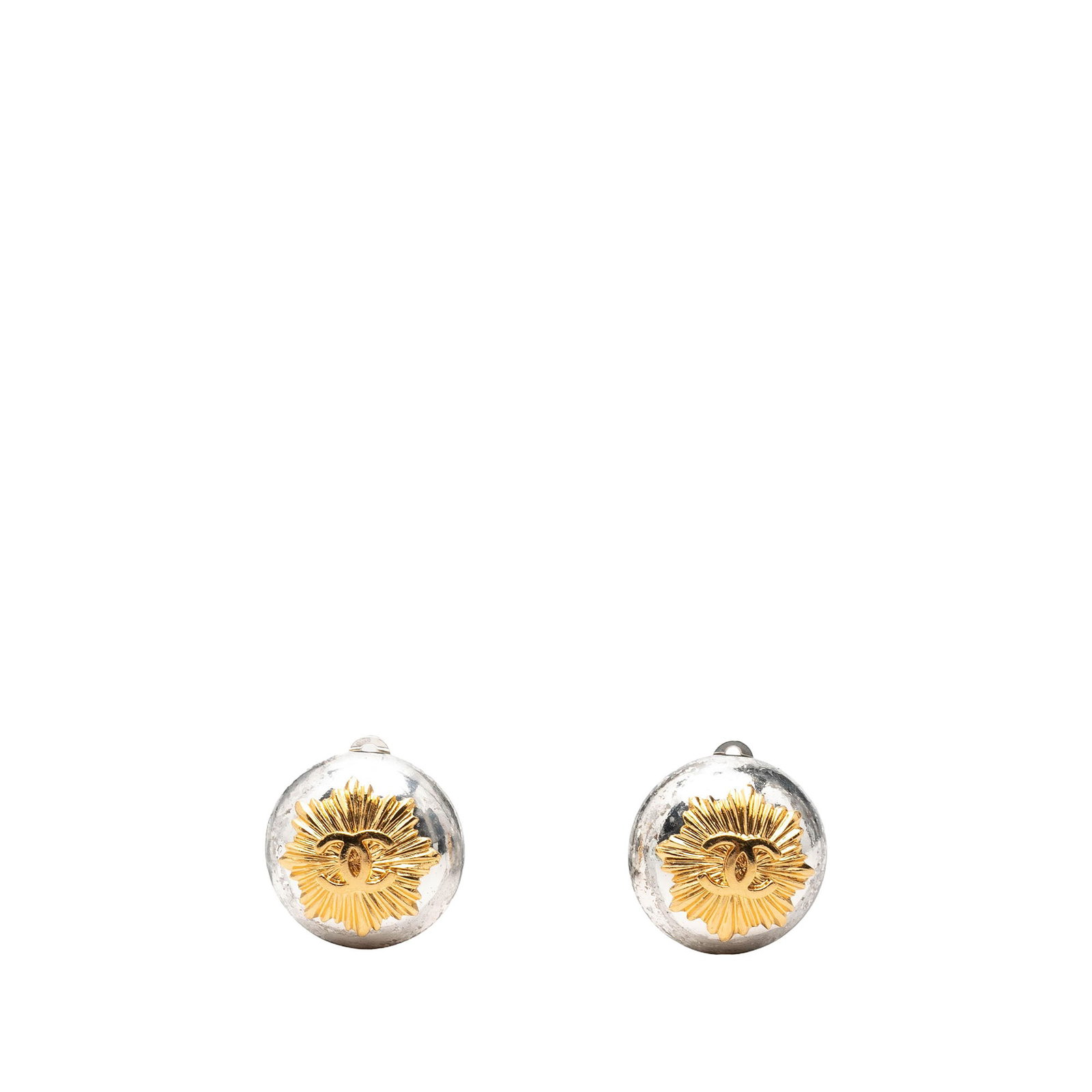 Chanel CC Sunburst Round Clip Earrings Gold Plated Brass: Chanel CC Sunburst Round Clip Earrings Gold Plated Brass Round clip-on earrings with a sunburst design and CC motif. They feature brass and gold plated metal bodies with clip-on back closures. Conditi