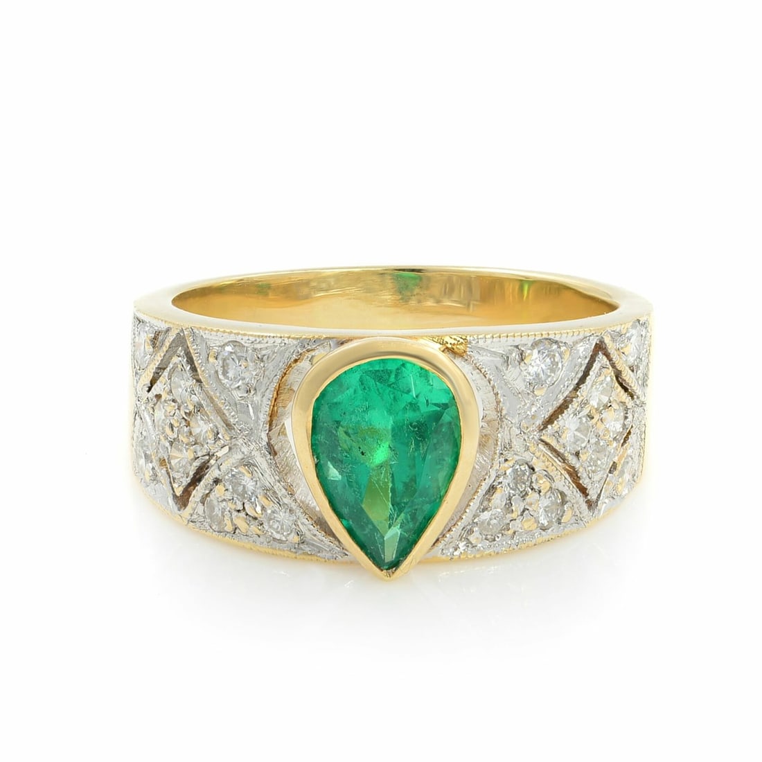 Rachel Koen 14K Yellow Gold Emerald Diamond Cocktail Ring 1.30cttw 1.80cttw Size 6: Rachel Koen 14K Yellow Gold Emerald Diamond Cocktail Ring 1.30cttw 1.80cttw Size 6 This stunning Rachel Koen band ring showcases a radiant pear-cut green emerald at its center, weighing 1.30 cttw, ele