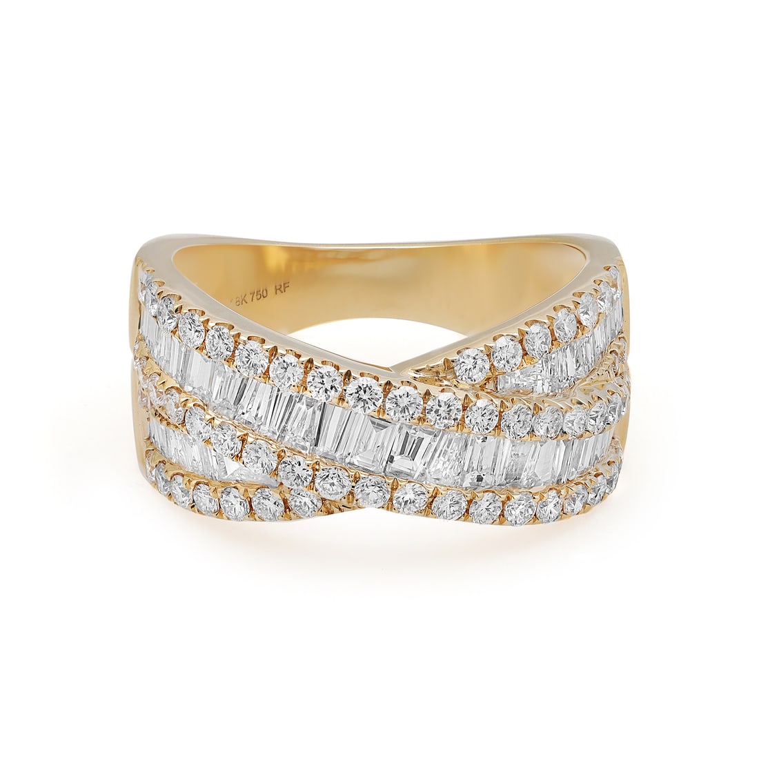 Rachel Koen 1.97ct Diamond Ring 18K Yellow Gold 91 Diamonds Size 6.75: Rachel Koen 1.97ct Diamond Ring 18K Yellow Gold 91 Diamonds Size 6.75 This elegant Rachel Koen ring is a stunning combination of baguette and round diamonds, expertly crafted in 18K yellow gold. The r