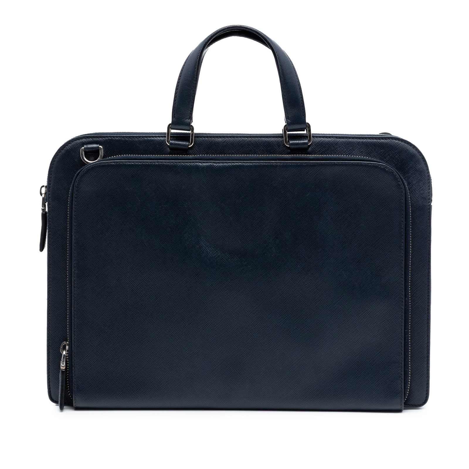 Prada blue leather Saffiano business bag briefcase: Prada blue leather Saffiano business bag briefcase This Prada Saffiano Briefcase is crafted from blue saffiano leather and features flat leather handles, a top zip closure, an exterior front zip compa