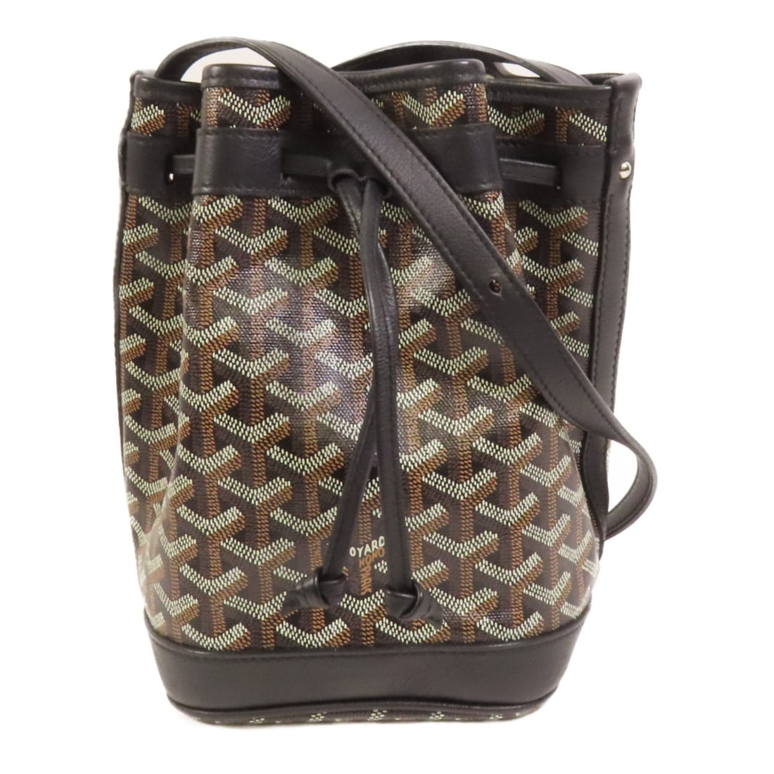 Goyard Petit Flot PM Black Coated Canvas Shoulder Bucket Bag: Goyard Petit Flot PM Black Coated Canvas Shoulder Bucket Bag The GOYARD SHW Petit Flot PM is a bucket-style shoulder bag made from PVC coated canvas in black. It features a BlackxBlack/Brown colorway 