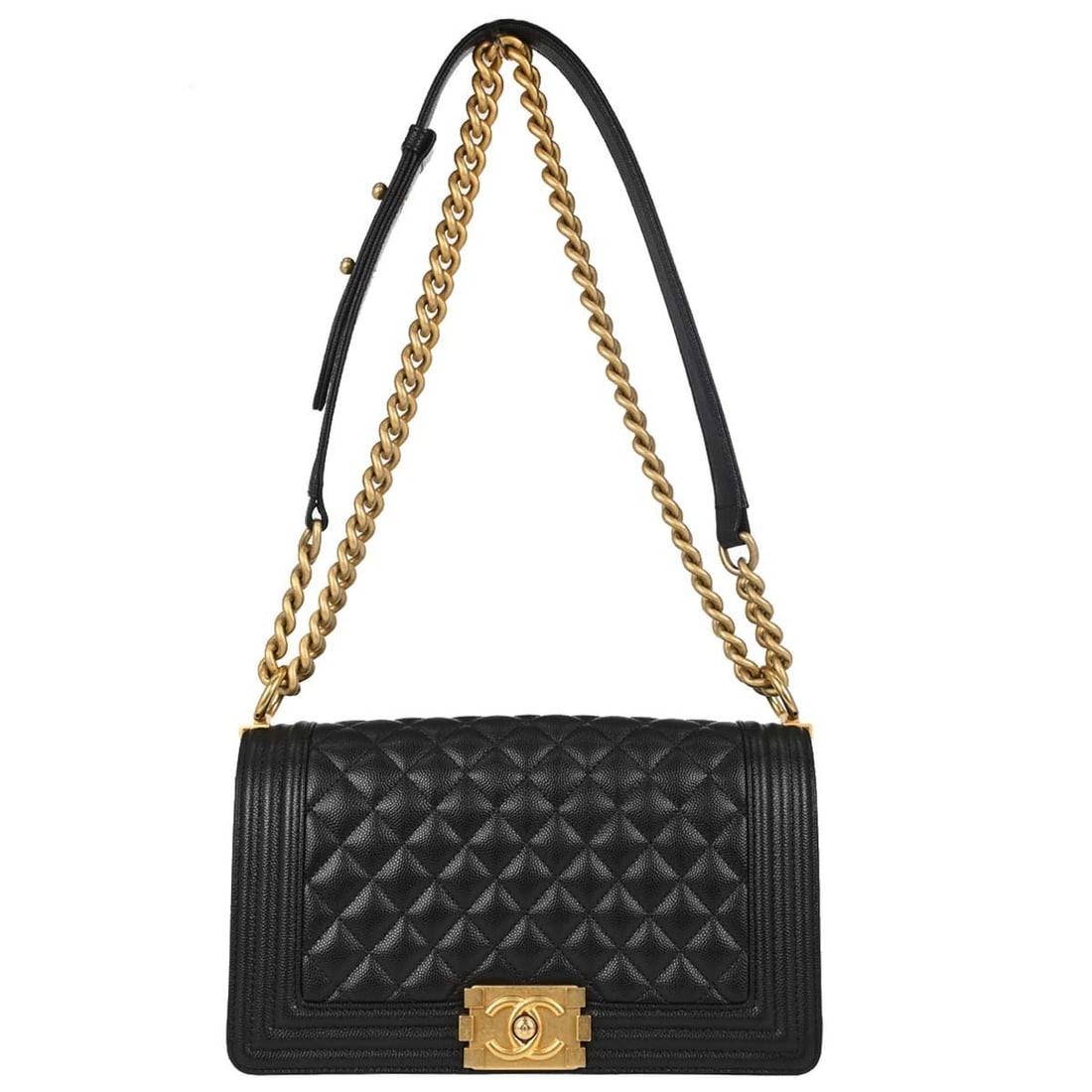 CHANEL Boy Medium Shoulder Bag Black Leather Chain Strap: CHANEL Boy Medium Shoulder Bag Black Leather Chain Strap Medium Boy Chanel shoulder bag in black caviar skin leather with a push-lock closure, quilted accents, and silver-color hardware. This women's 
