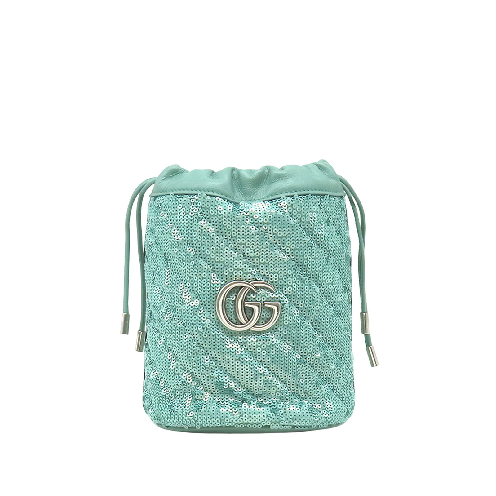 Gucci GG Marmont Small Bucket Bag Green Sequined Matelasse Leather: Gucci GG Marmont Small Bucket Bag Green Sequined Matelasse Leather Gucci Small GG Marmont bucket bag in green quilted leather with sequined detailing and a diagonal matelasse design. This bucket-style