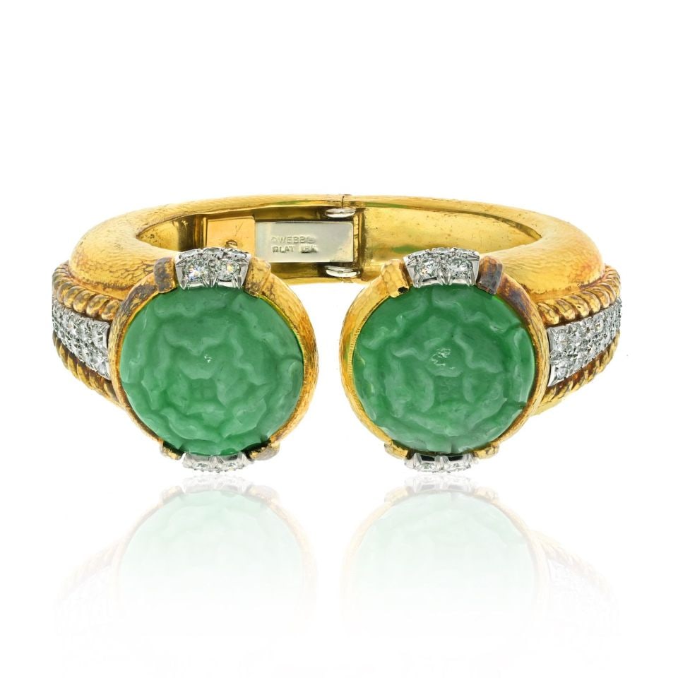 David Webb Platinum 18K Yellow Gold Jade Diamond Cuff Bracelet (1 of 4)