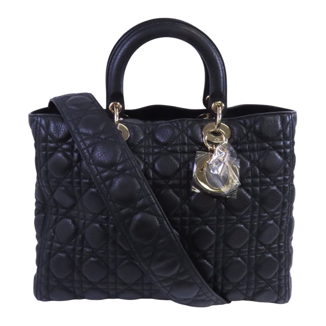Dior Lady Dior Large Black Calfskin 2 Way Shoulder Handbag: Dior Lady Dior Large Black Calfskin 2 Way Shoulder Handbag A Christian Dior Lady Dior large handbag shoulder bag in black calfskin leather. It features a black-on-black colorway, a handle, a shoulder 