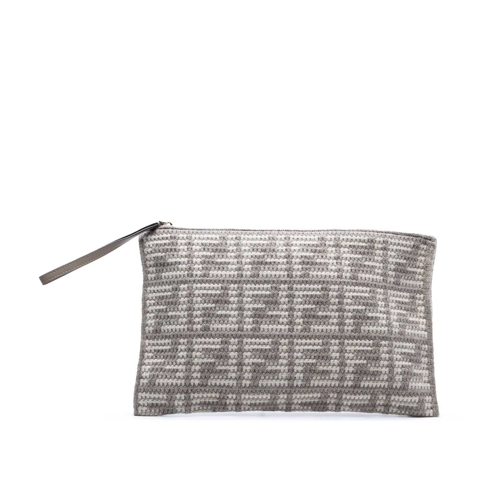 Fendi FF Flat Pouch in Woven Fabric and Calfskin: Fendi FF Flat Pouch in Woven Fabric and Calfskin A Fendi flat pouch in gray, featuring a woven fabric body with calfskin accents and a top zip closure. It is an SLG made in Italy. Condition is B+ with