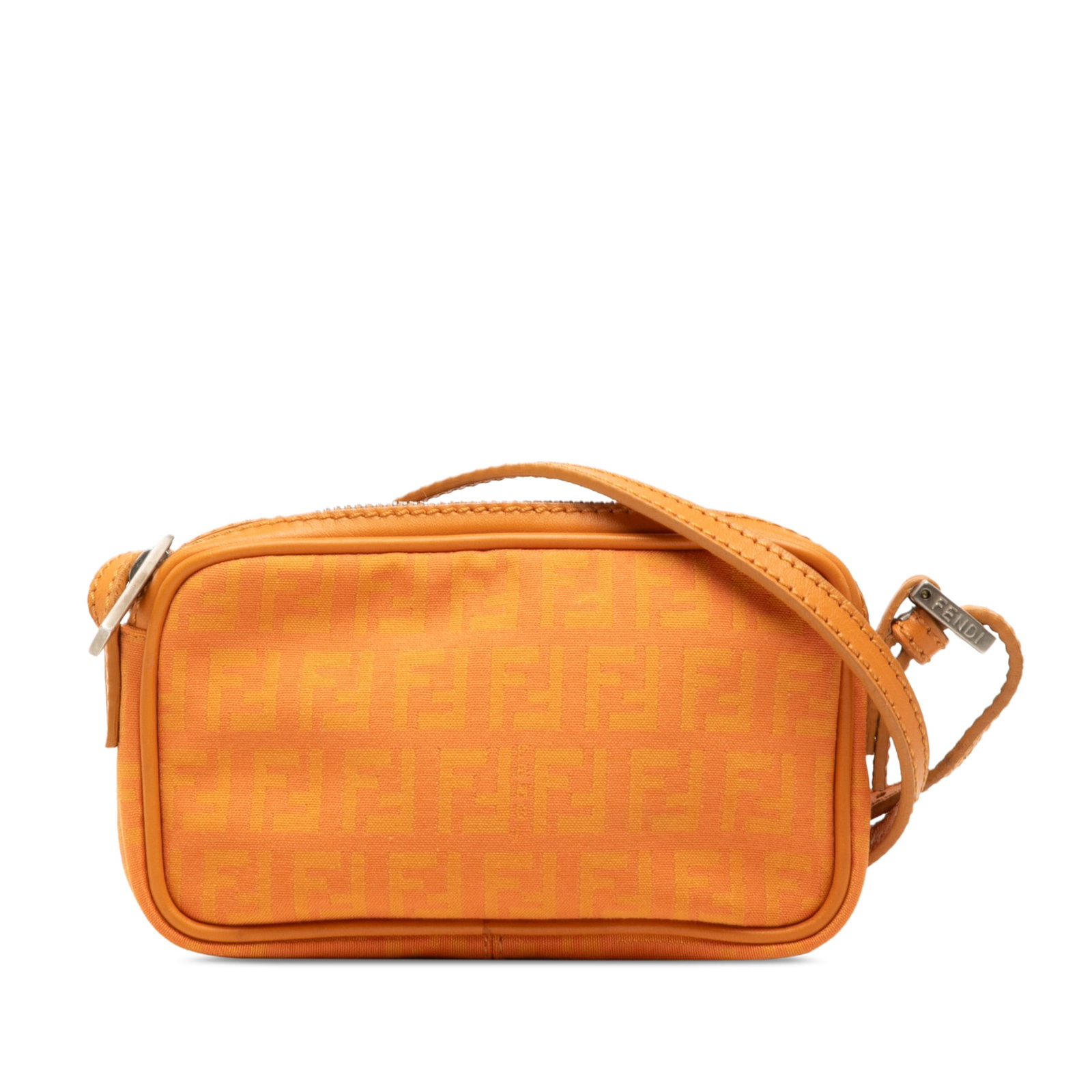 Fendi Mini Zucchino Orange Canvas Crossbody Bag with Leather Trim: Fendi Mini Zucchino Orange Canvas Crossbody Bag with Leather Trim This Fendi Mini Zucchino Canvas Zip Crossbody features a canvas body with leather trim, a flat leather strap, and a top zip closure. T