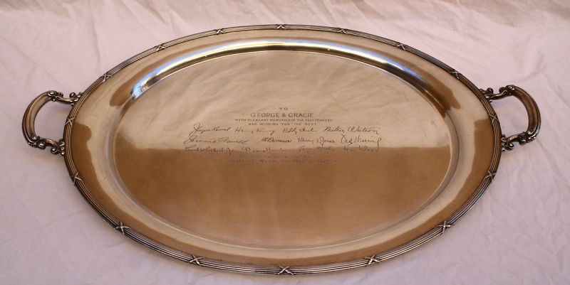 Gorham Sterling Silver Tray Trophy for George Burns Gracie Allen 1937: Gorham Sterling Silver Tray Trophy for George Burns Gracie Allen 1937 This stunning sterling silver tray trophy, crafted by the renowned Gorham Whiting, was awarded on March 24th, 1937, to the iconic 