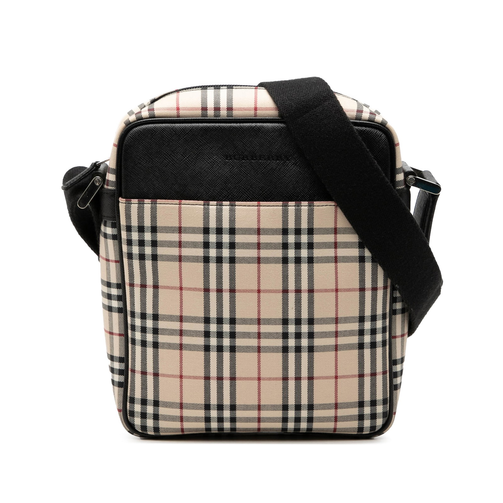 Burberry House Check Crossbody Bag in Canvas with Leather Trim: Burberry House Check Crossbody Bag in Canvas with Leather Trim Burberry House Check Canvas Crossbody bag with leather trim and an adjustable flat canvas strap. The design includes a top zip closure, a