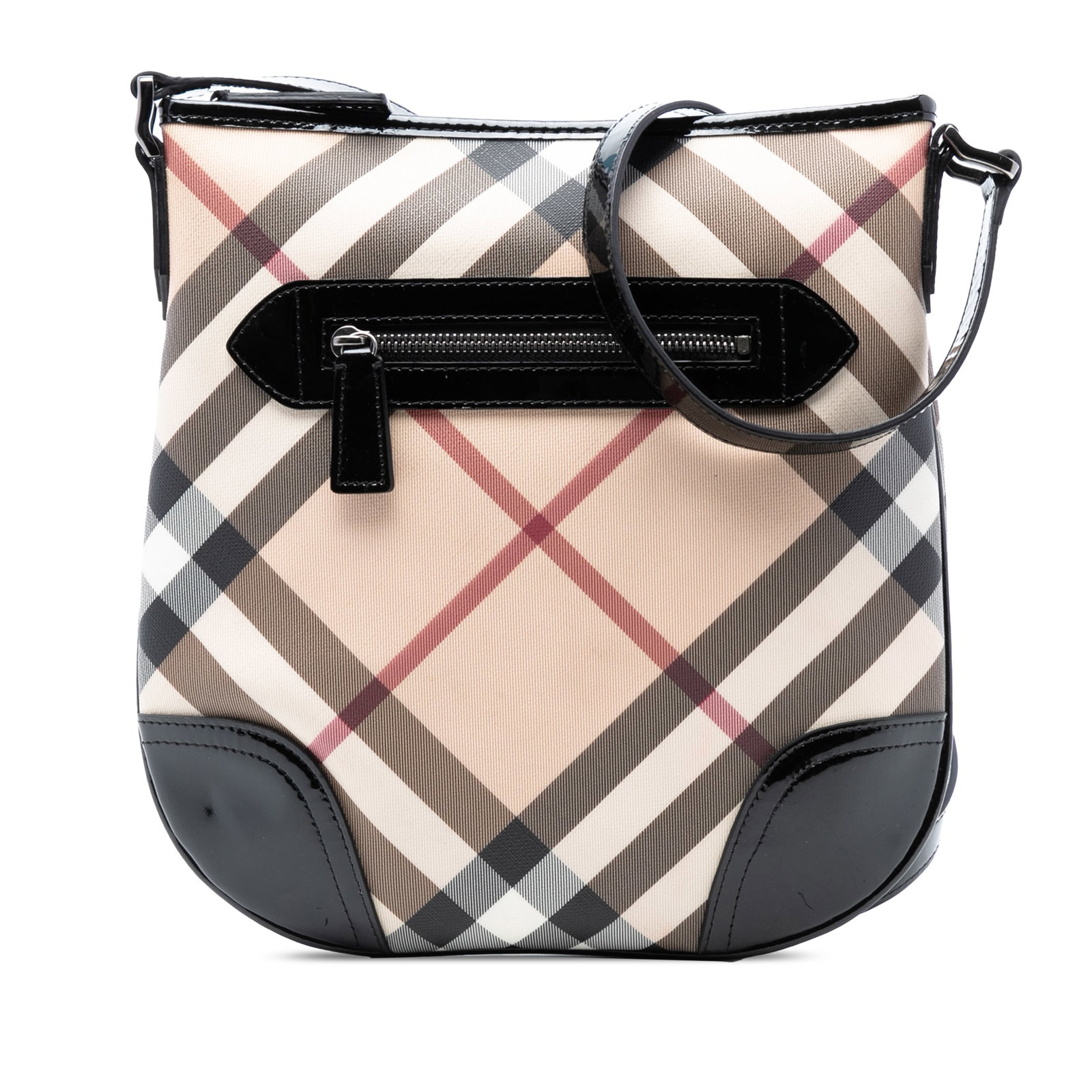 Dryden Crossbody Bag with Supernova Check Canvas and Patent Trim by Burberry: Dryden Crossbody Bag with Supernova Check Canvas and Patent Trim by Burberry This Burberry Dryden crossbody bag features the iconic Supernova check pattern on coated canvas, complemented by patent lea