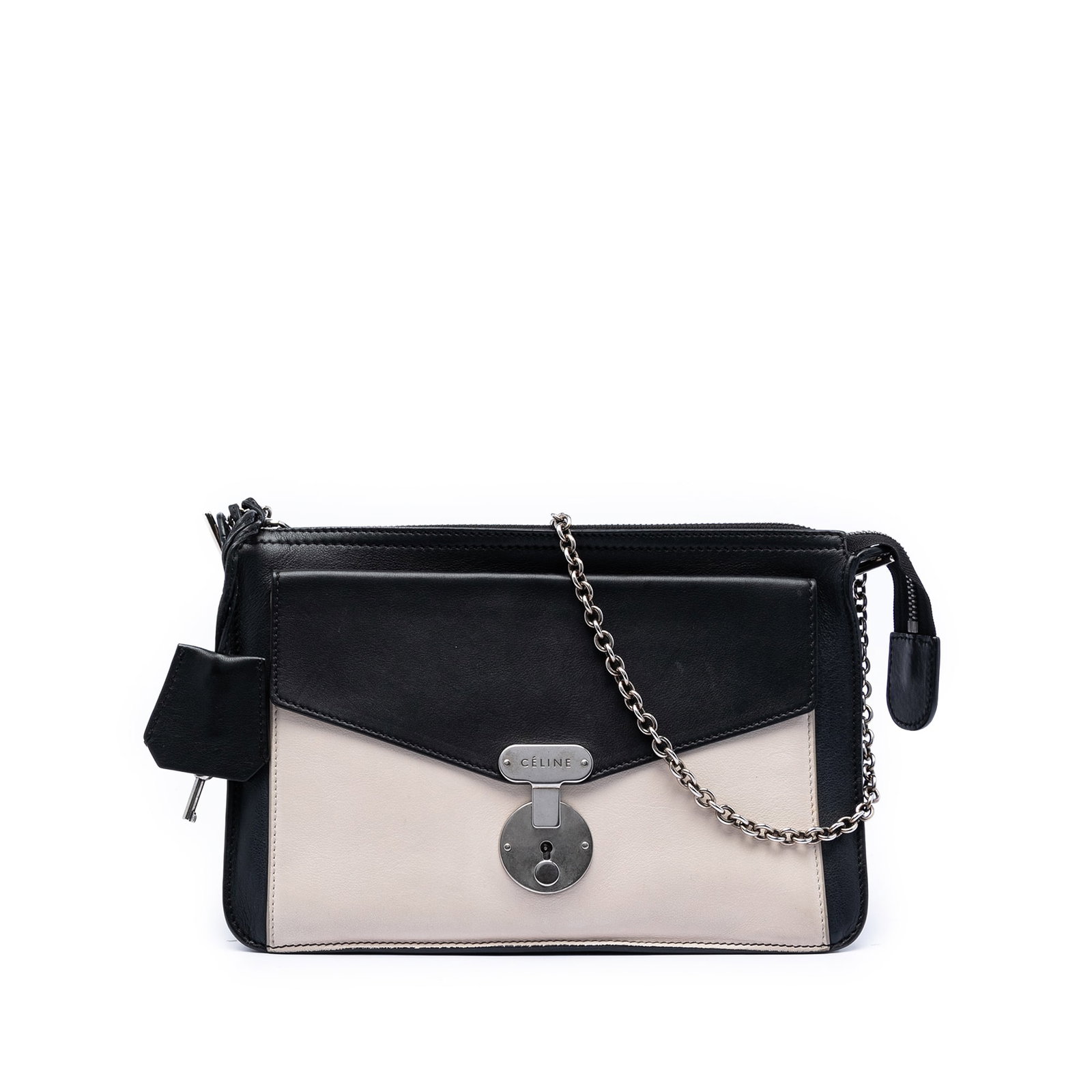 Celine black leather envelope crossbody with chain strap: Celine black leather envelope crossbody with chain strap This Celine Bicolor Leather Pocket Envelope Zip Crossbody bag is crafted from leather and features a chain link strap, a top zip closure, and a