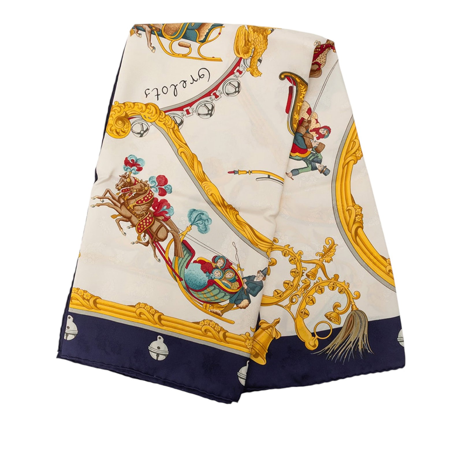 Hermes Plumes et Grelots 90 Silk Scarf White: Hermes Plumes et Grelots 90 Silk Scarf White Hermes Plumes et Grelots Silk Scarf 90 in white, featuring the Plumes et Grelots print on 100% silk. Made in France, this accessory is presented in AB cond