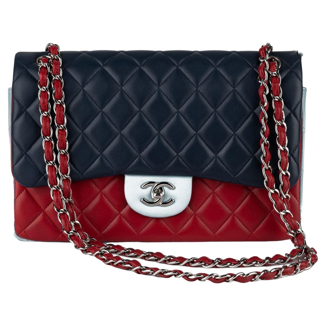 Chanel Tricolor Lamb Jumbo Double Flap Bag with Palladium Hardware: Chanel Tricolor Lamb Jumbo Double Flap Bag with Palladium Hardware This exquisite Chanel Tricolor Lamb Jumbo Double Flap handbag is a stunning accessory for any fashion enthusiast. Made from luxurious