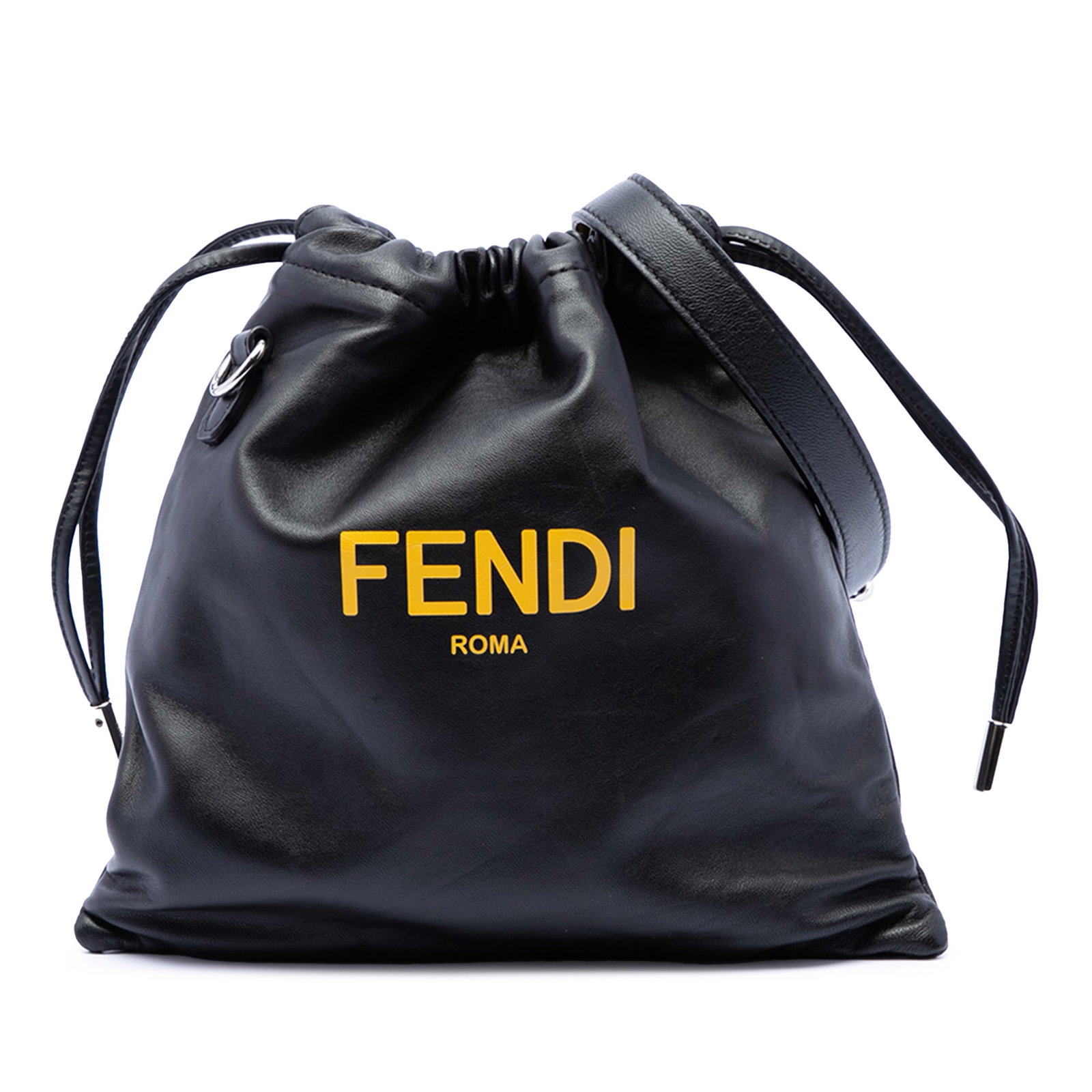 Fendi Black Leather Crossbody Pouch Bag: Fendi Black Leather Crossbody Pouch Bag This Fendi Leather Pack Pouch Bag is crafted from black leather and features a crossbody design with a detachable flat shoulder strap and a drawstring closure. 