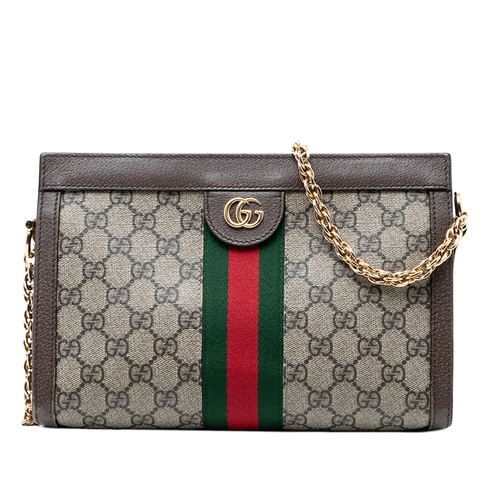 Gucci Ophidia Small GG Supreme Chain Crossbody Bag: Gucci Ophidia Small GG Supreme Chain Crossbody Bag Gucci Ophidia small crossbody bag crafted with a coated canvas body and leather trim. It features the GG Supreme Web design, a gold-tone chain strap,
