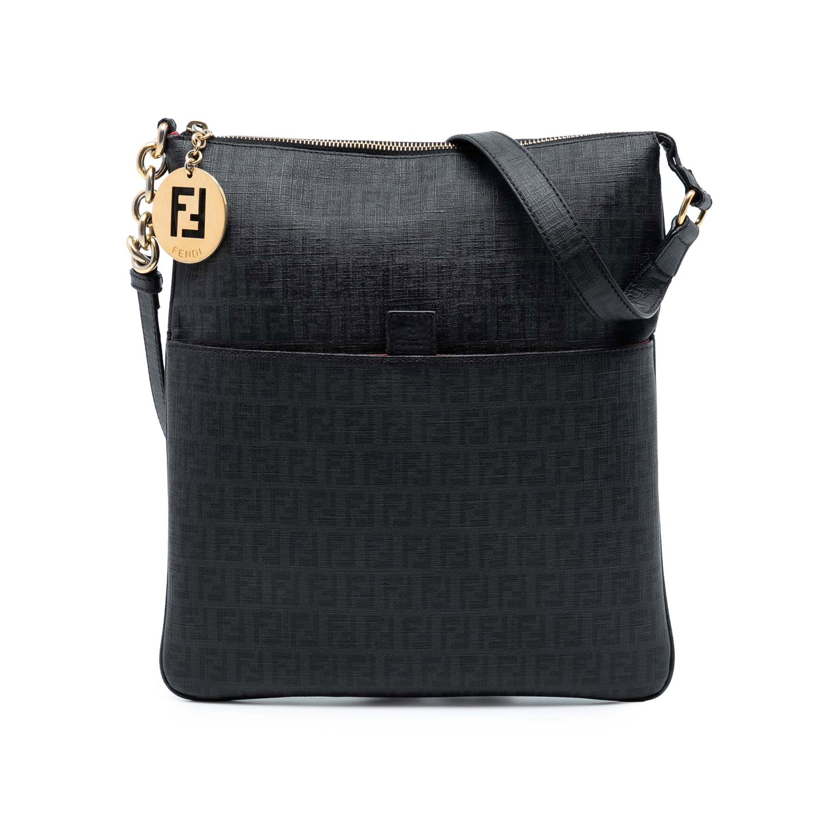 Fendi Zucchino Black Coated Canvas Charm Crossbody Bag with Zip: Fendi Zucchino Black Coated Canvas Charm Crossbody Bag with Zip This Fendi Zucchino Charm Zip Crossbody bag showcases a coated canvas exterior with a signature pattern, complemented by an adjustable f