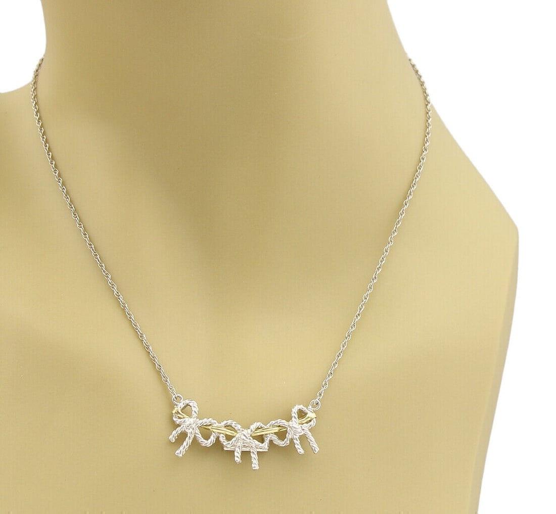 Tiffany & Co. Three Wire Ribbon Bow Necklace 18k Gold Sterling Silver (1 of 6)
