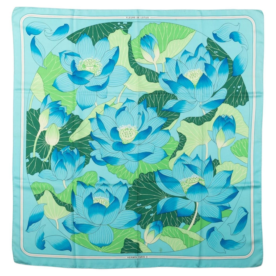 Hermes Fleurs de Lotus Silk Scarf by Christiane Vauzelles 35x35 in: Hermes Fleurs de Lotus Silk Scarf by Christiane Vauzelles 35x35 in This stunning collectible Hermes Fleurs de Lotus scarf, designed by Christiane Vauzelles, is a beautiful representation of luxury and