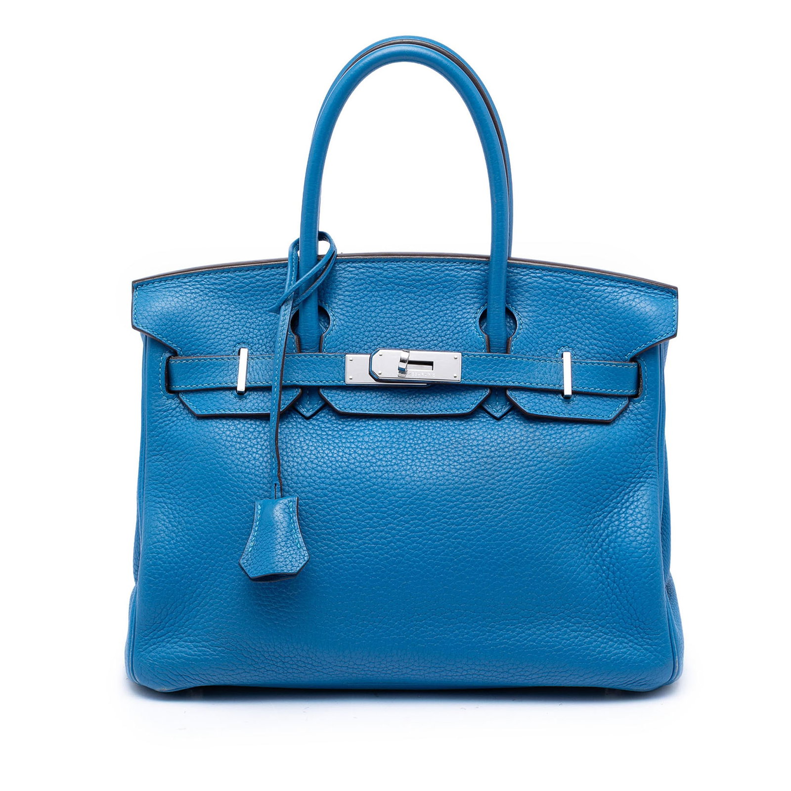 Hermes Birkin Retourne 30 Togo Leather Handbag Bleu Izmir: Hermes Birkin Retourne 30 Togo Leather Handbag Bleu Izmir Hermes Togo Birkin Retourne 30 handbag in Bleu Izmir blue leather, made in France. It features rolled leather handles, a front flap with twist