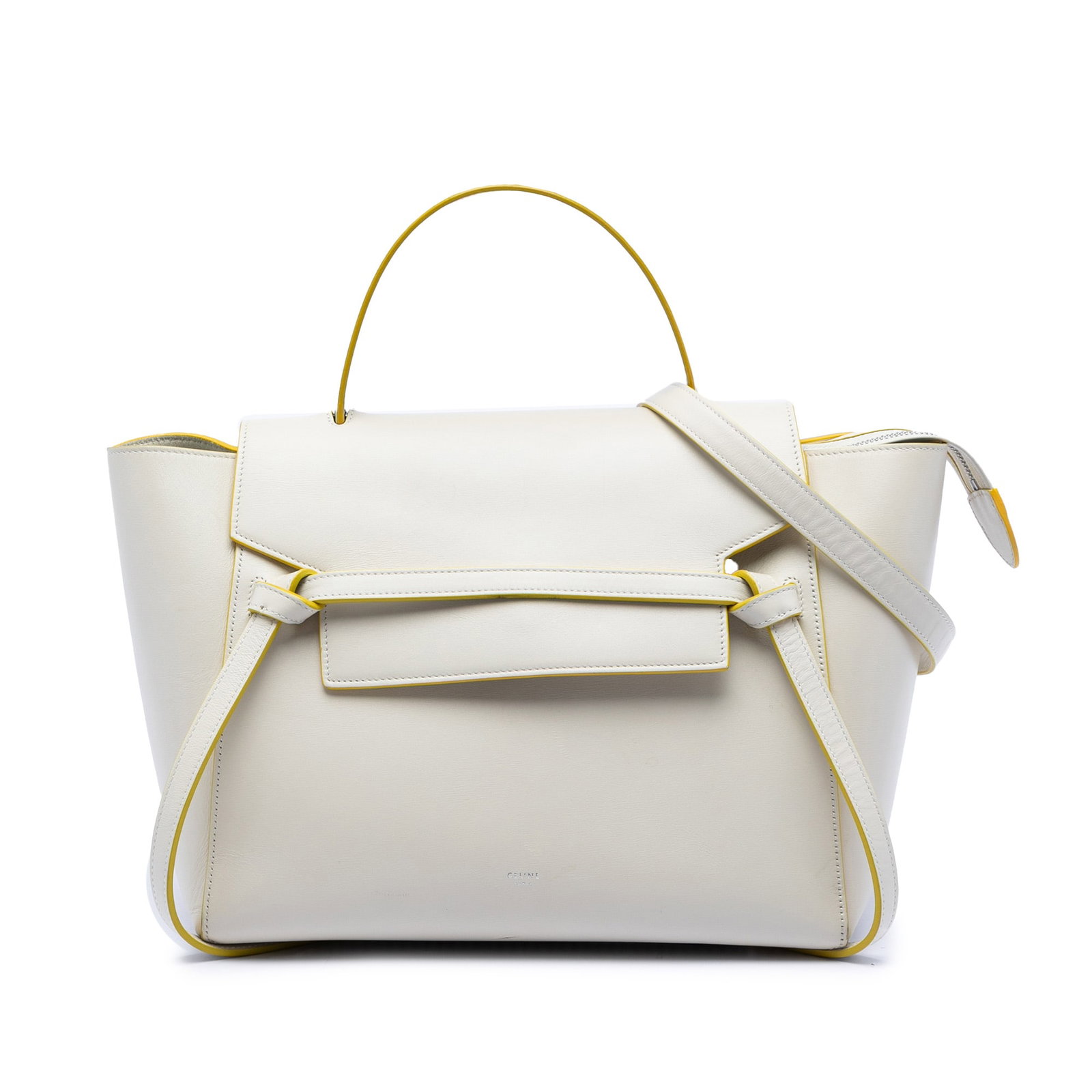 Celine Mini Belt Bag in Smooth White Calfskin Leather: Celine Mini Belt Bag in Smooth White Calfskin Leather This Celine Mini Smooth Calfskin Belt Bag is crafted from white leather and features a structured satchel design. It includes a flat leather top h