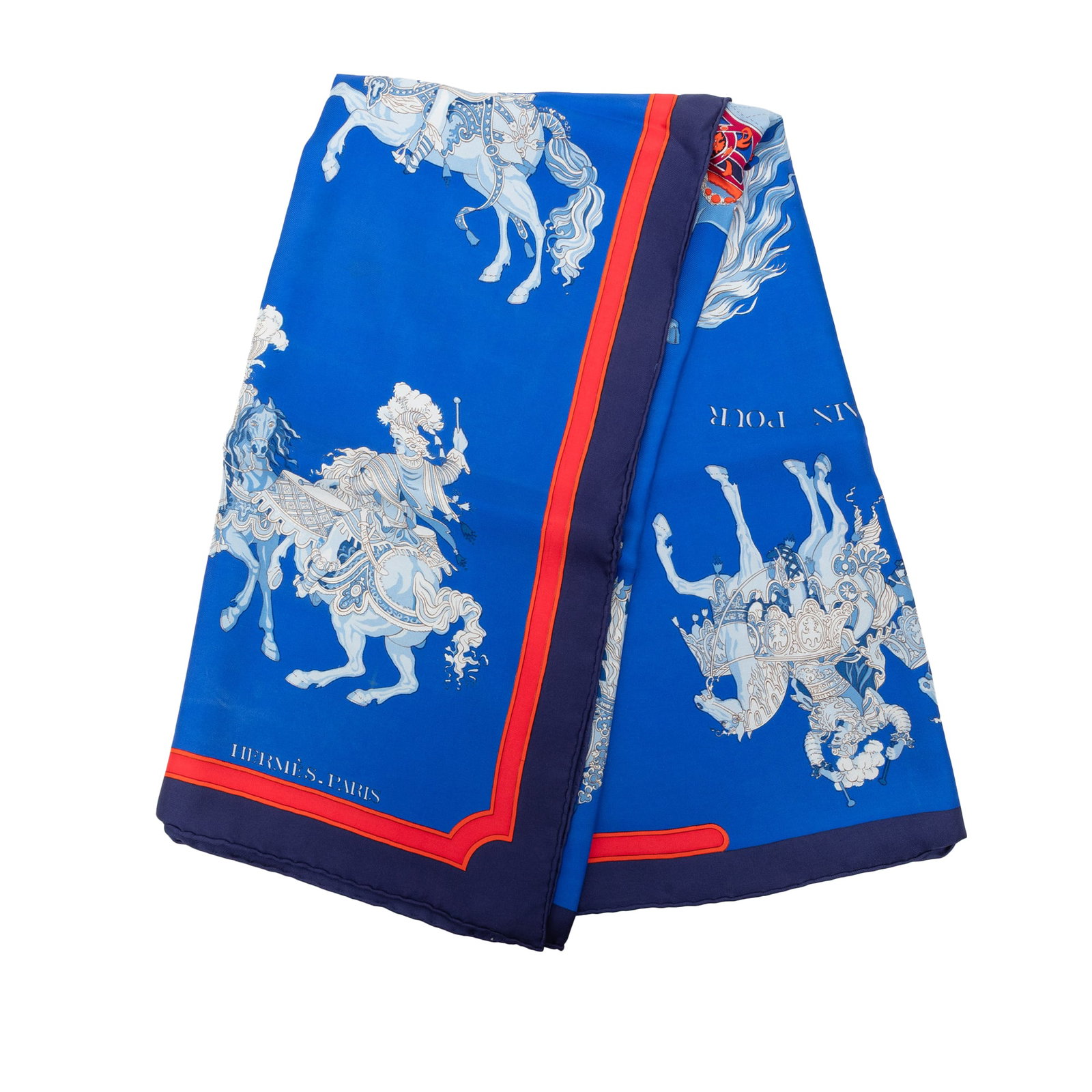 Hermes Carrousel 90 Silk Scarf Blue Made in France: Hermes Carrousel 90 Silk Scarf Blue Made in France Hermes Carrousel Silk Scarf 90 featuring a printed design on 100% silk. The scarf is blue and made in France. Condition is B+ with loose stitching on