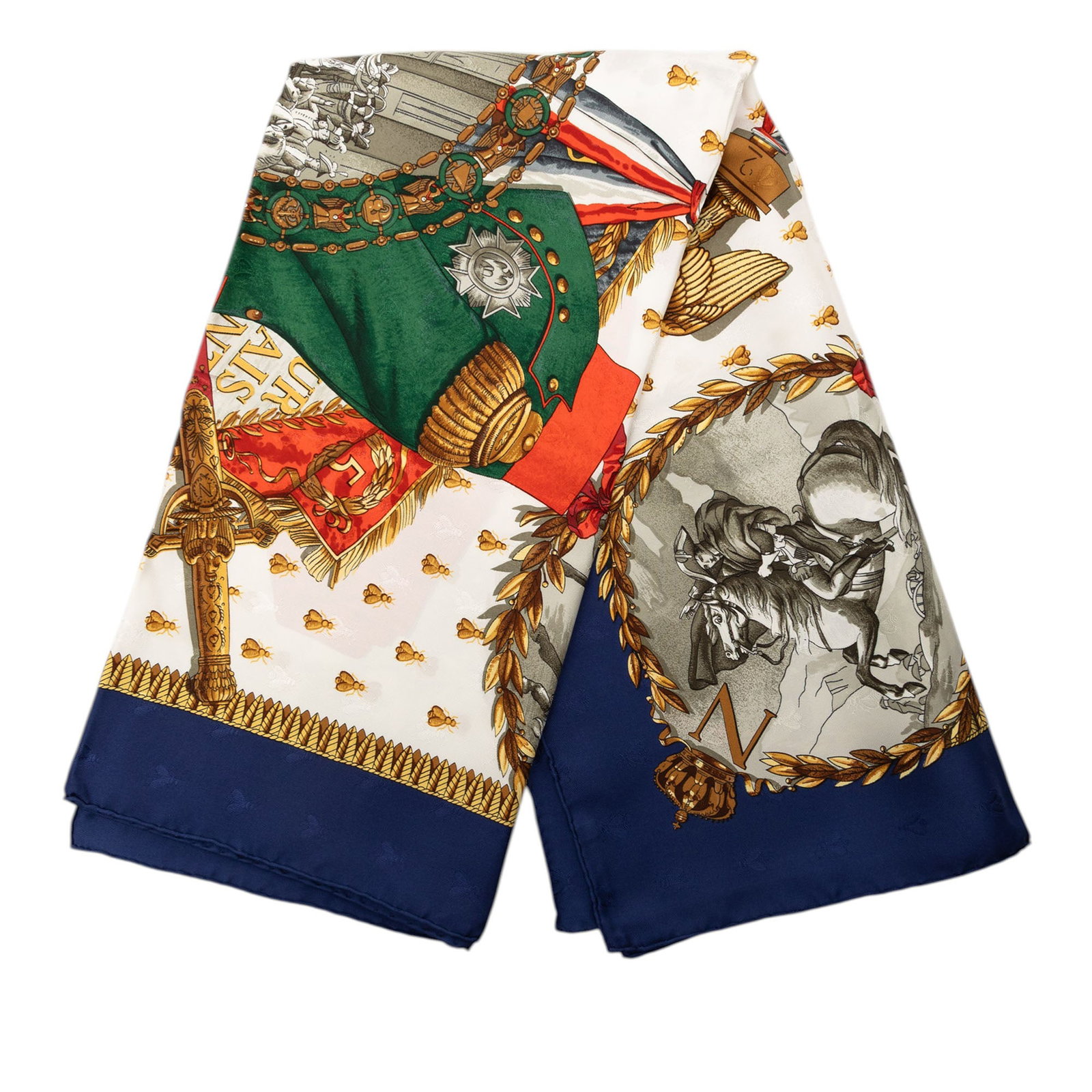 Napoleon Print 100 Percent Silk Scarf by Hermes 90cm: Napoleon Print 100 Percent Silk Scarf by Hermes 90cm This Hermes Napoleon scarf showcases the iconic Napoleon print on 100% silk. Crafted in France, the accessory comes in a white colorway and is desi