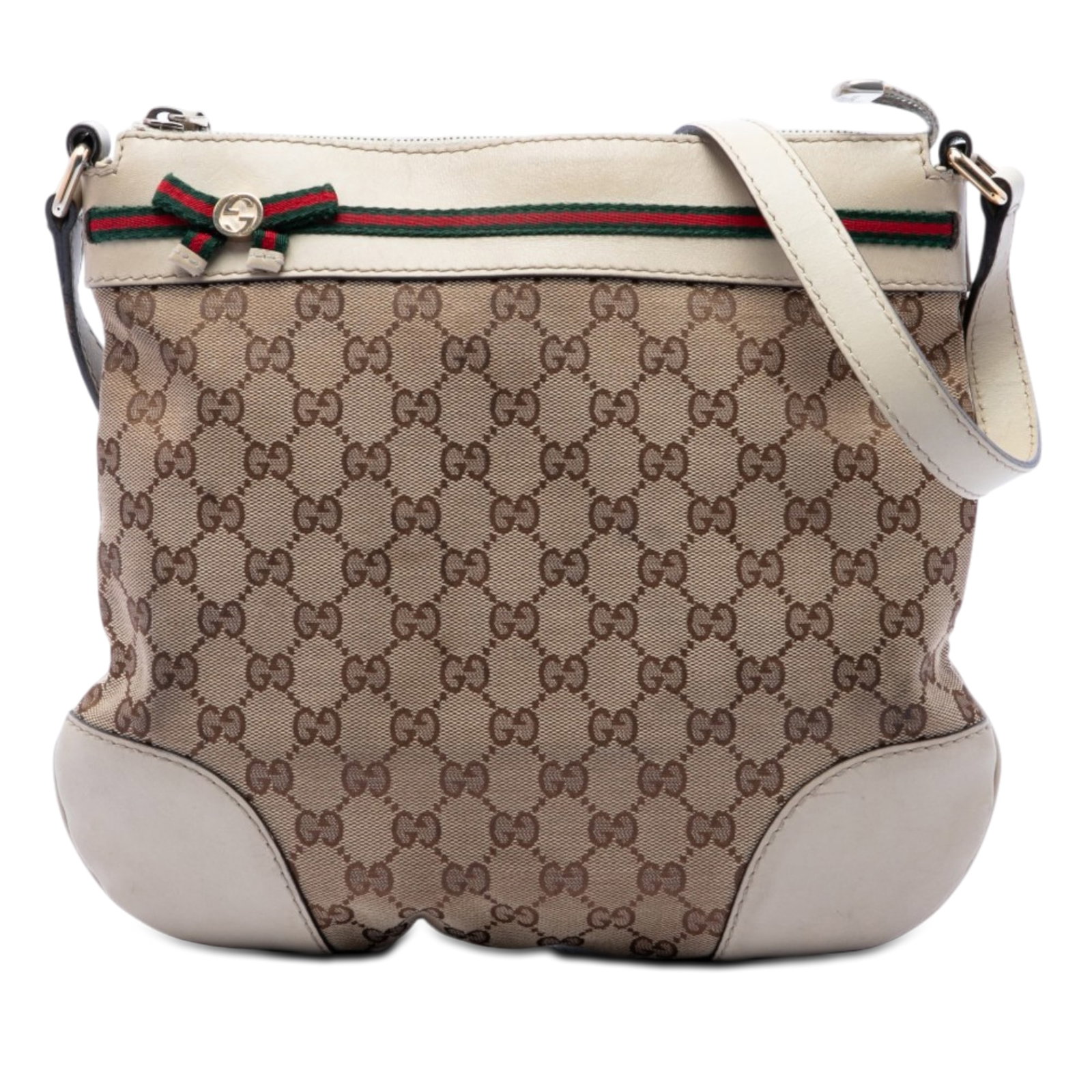 Gucci Mayfair Web Crossbody Bag in GG Canvas: Gucci Mayfair Web Crossbody Bag in GG Canvas Gucci GG Canvas Web Mayfair Crossbody bag in beige, made in Italy. It features a canvas body with leather trim, an adjustable flat leather strap, ribbon de