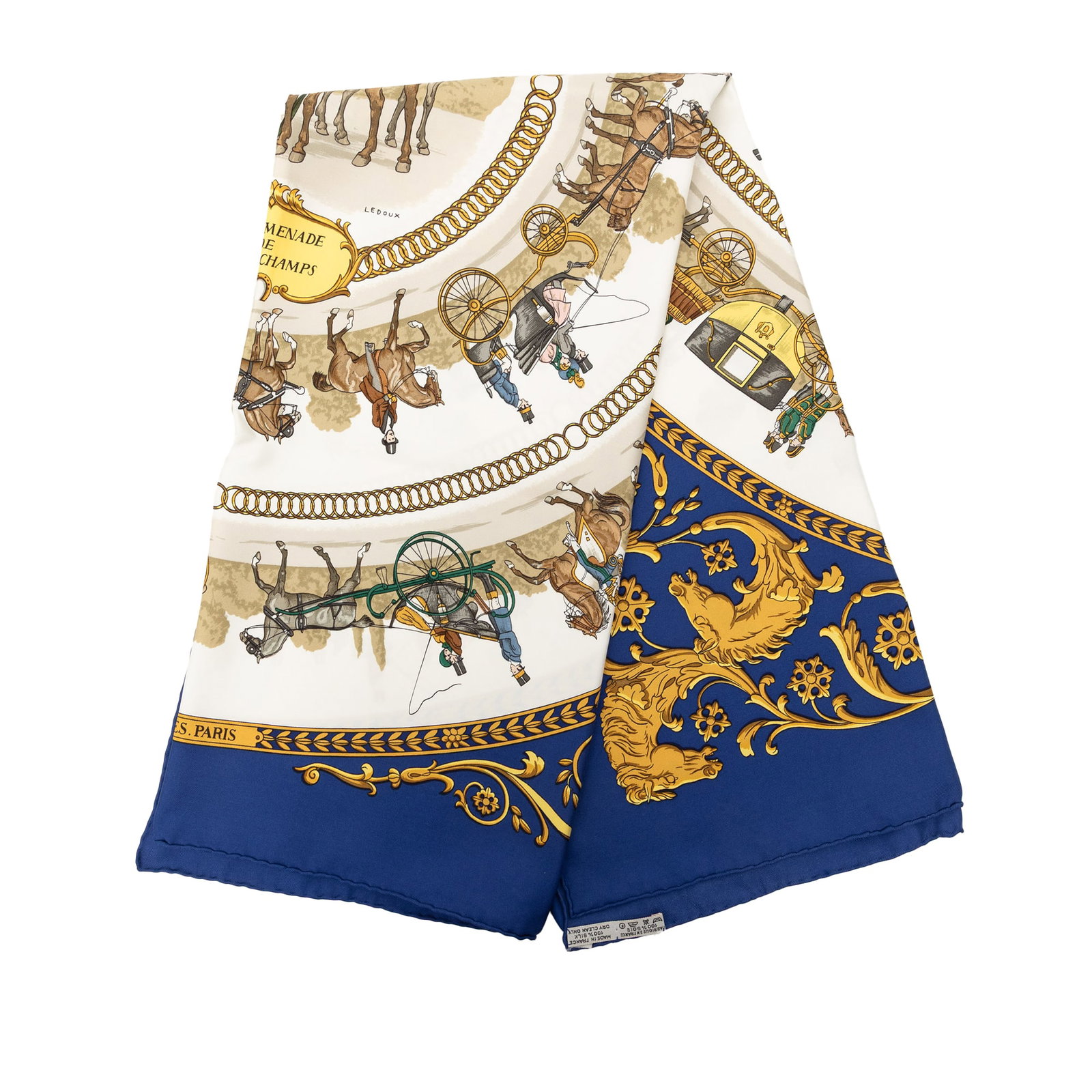 Hermes La Promenade de Longchamps 90 Silk Scarf White: Hermes La Promenade de Longchamps 90 Silk Scarf White Hermes La Promenade de Longchamps Silk Scarf 90 featuring the La Promenade de Longchamps print. Made in France, this scarf is crafted in 100% silk