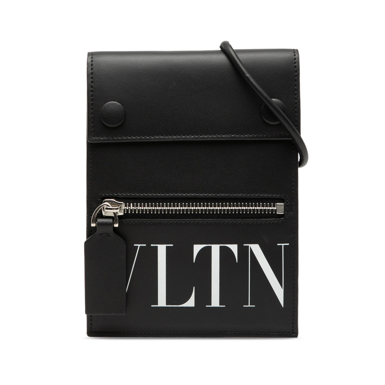 Valentino VLTN Black Leather Crossbody Phone Bag With Strap: Valentino VLTN Black Leather Crossbody Phone Bag With Strap This Valentino Leather VLTN Phone Case With Strap is crafted from black leather and designed as a compact crossbody bag. It features a flap 