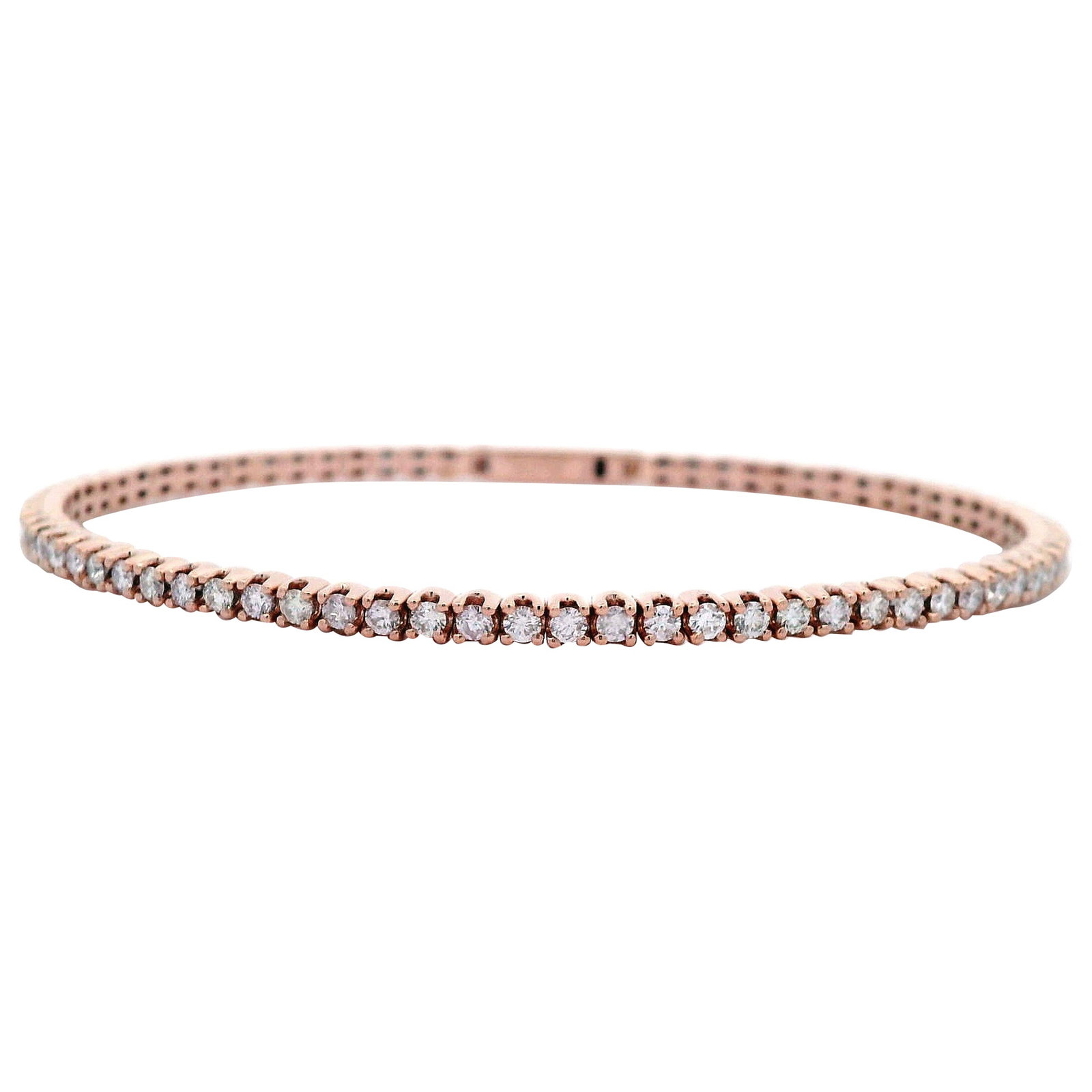 1.85ct Diamond Tennis Bangle Bracelet in 14k Rose Gold: 1.85ct Diamond Tennis Bangle Bracelet in 14k Rose Gold This exquisite modern tennis bangle bracelet features 71 round diamonds totaling 1.85 carats, set in luxurious 14k rose gold. The diamonds exhibi
