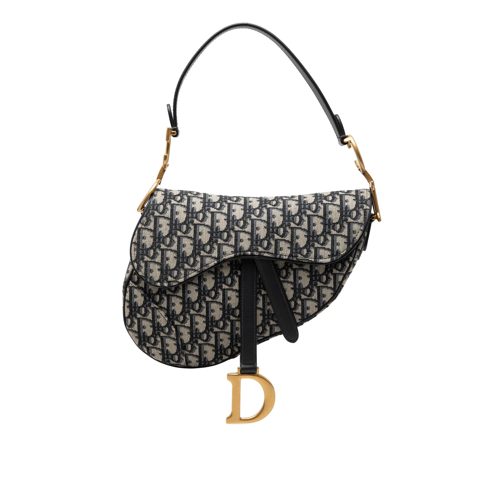 Dior Saddle Shoulder Bag in Blue Oblique Canvas: Dior Saddle Shoulder Bag in Blue Oblique Canvas Canvas saddle bag with leather trim, a flat leather strap, front flap with magnetic closure, and an interior zip pocket. Made in Italy, this bag is blue