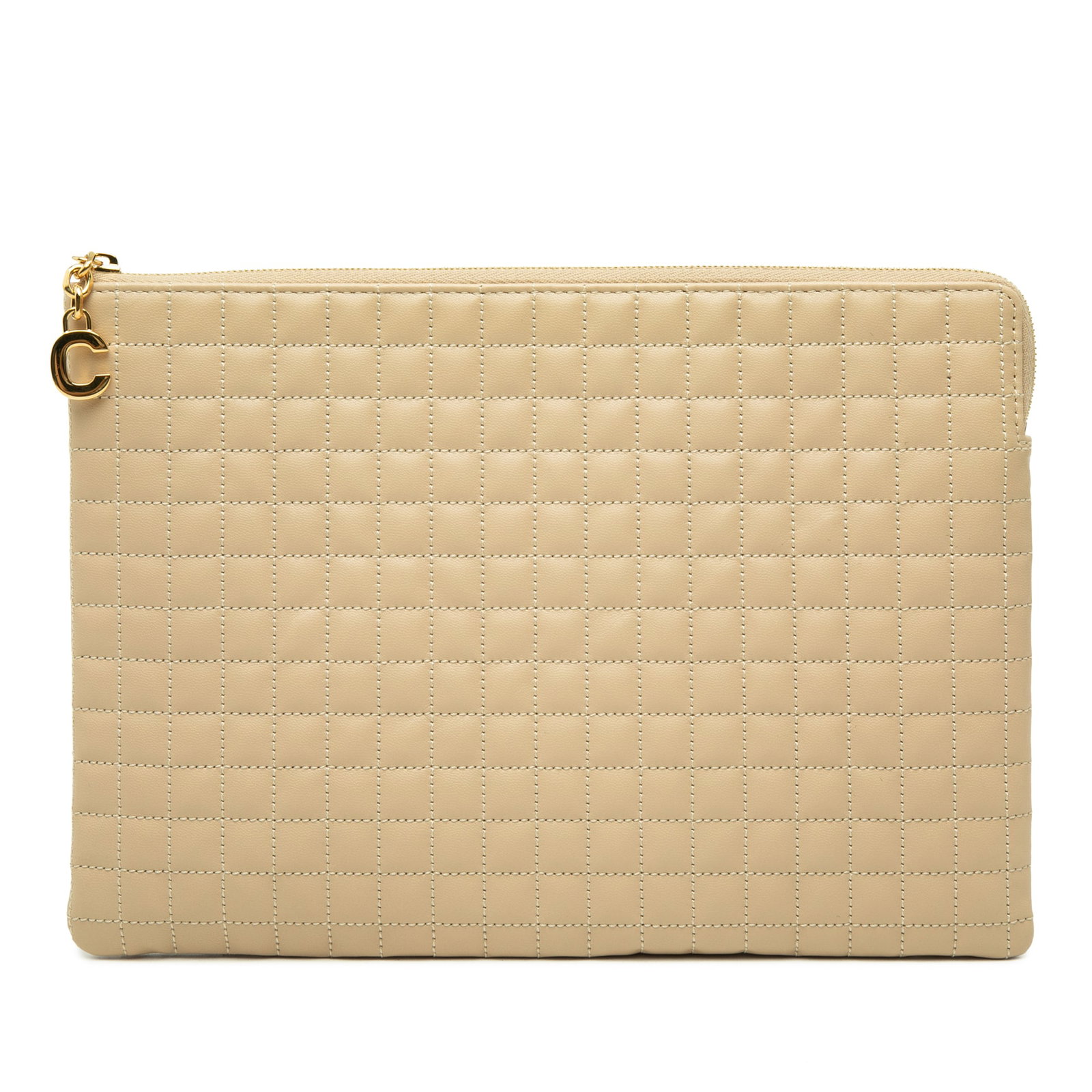 Celine C Charm Quilted Calfskin Leather Clutch Bag: Celine C Charm Quilted Calfskin Leather Clutch Bag Celine quilted calfskin C Charm clutch bag in beige leather, made in Italy. It features a quilted leather body, top zip closure, and interior slip po