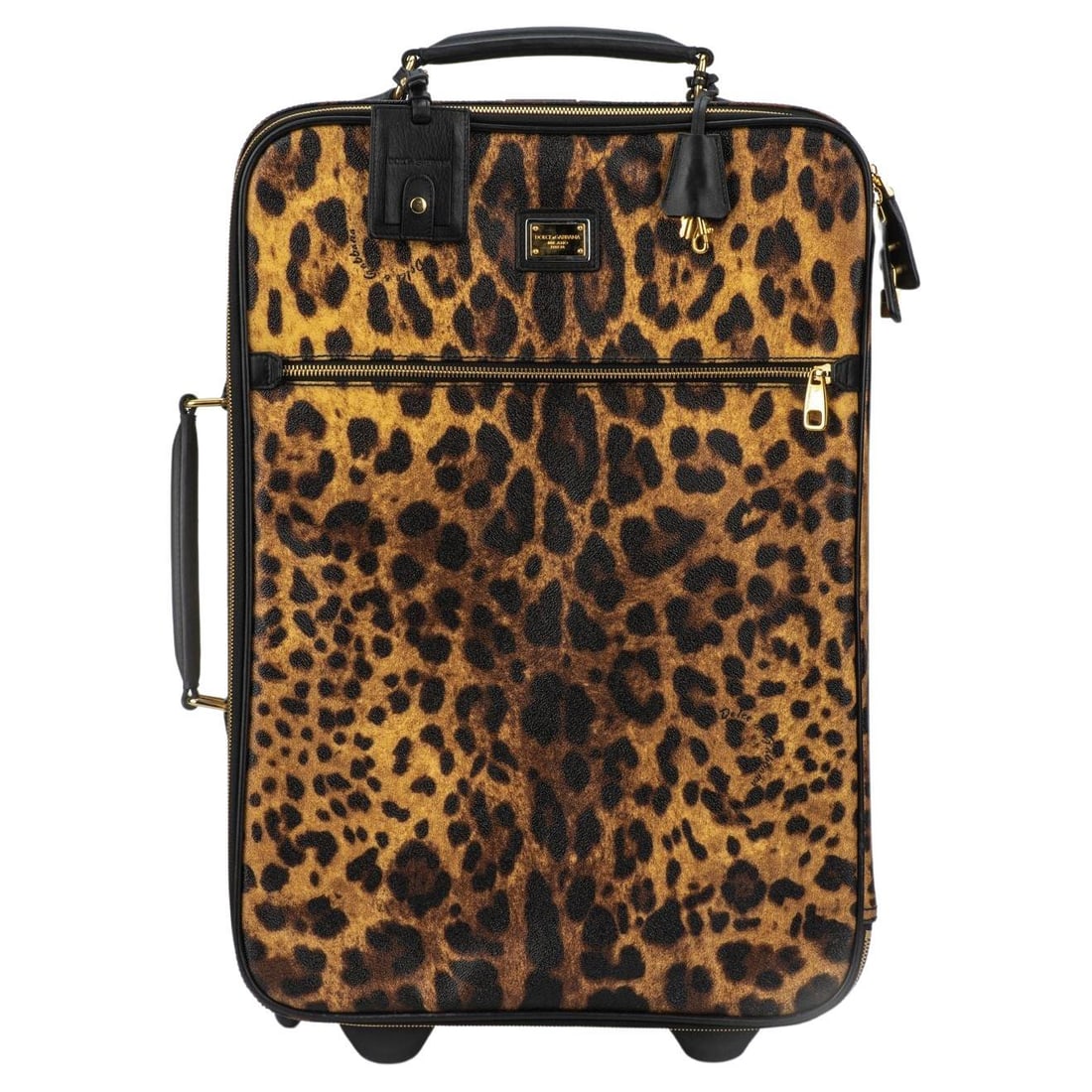 Dolce & Gabbana Cheetah Print Carry-On Luggage with Dust Cover: Dolce & Gabbana Cheetah Print Carry-On Luggage with Dust Cover Travel in style with this authentic Dolce & Gabbana cheetah print carry-on luggage. Crafted from durable coated canvas with a striking le