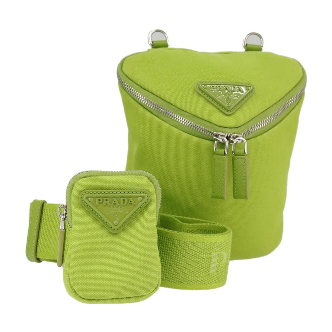 PRADA Canvas Shoulder Bag Silver Green with Dust Bag Pouch: PRADA Canvas Shoulder Bag Silver Green with Dust Bag Pouch Prada shoulder bag crafted in canvas with a silver and green exterior. It is a women's bag made in Italy and comes with a dust bag and pouch.
