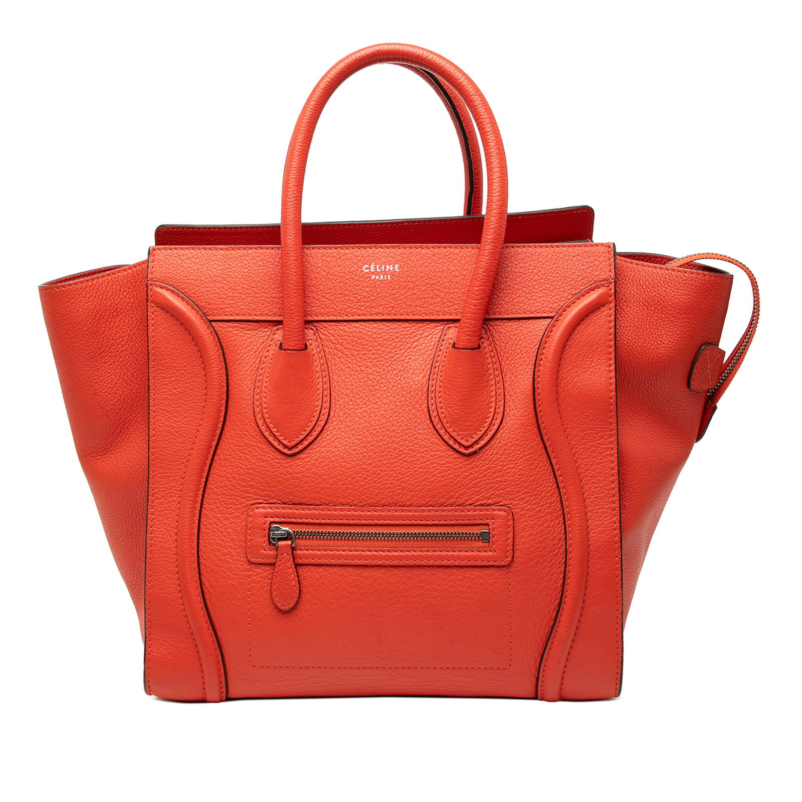 Celine Orange Leather Mini Luggage Tote Bag: Celine Orange Leather Mini Luggage Tote Bag This Celine Mini Leather Luggage Tote is crafted from leather and features rolled leather handles, a top zip closure, an exterior front zip pocket, and inte