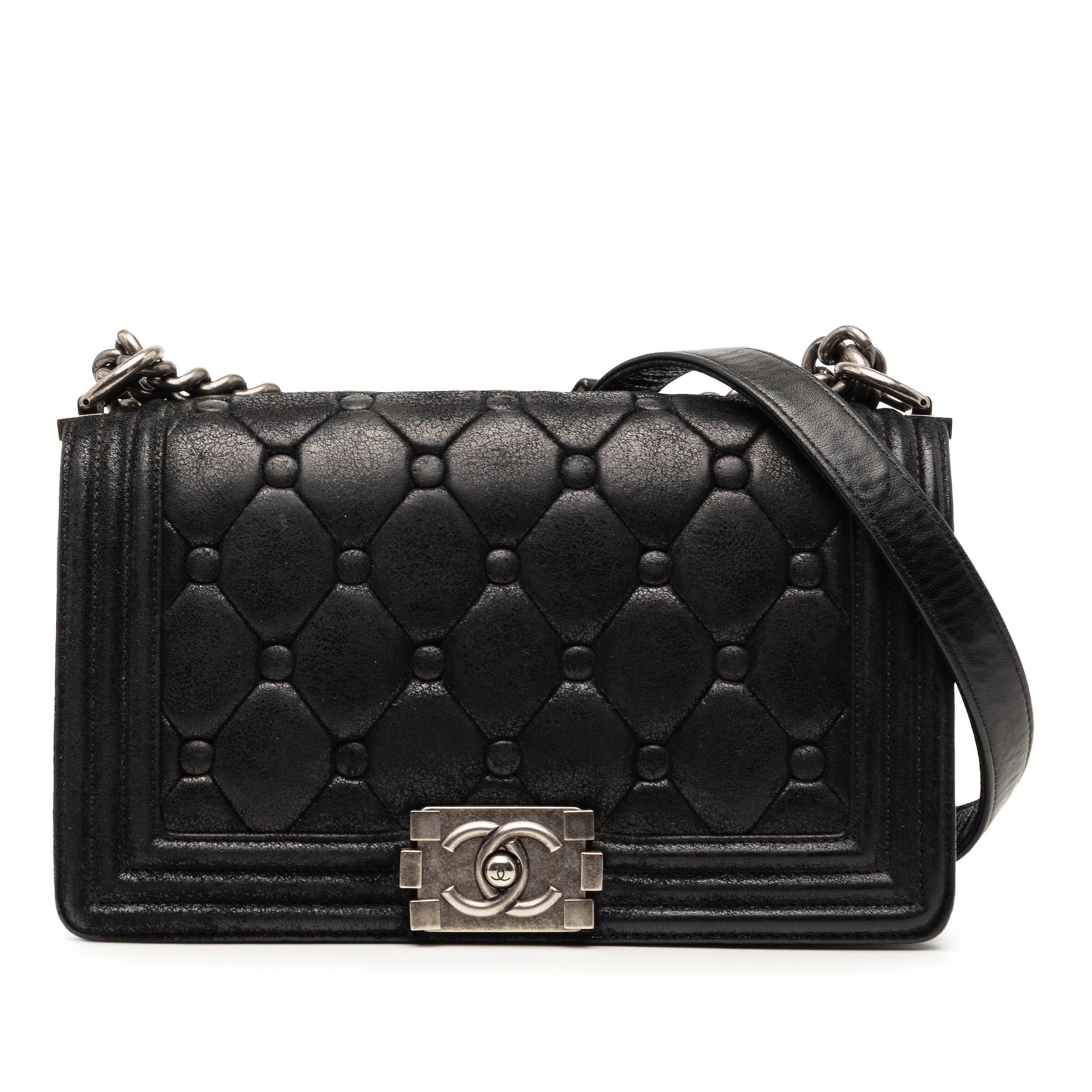 Chanel Boy Flap Quilted Leather Medium Black Chain Bag: Chanel Boy Flap Quilted Leather Medium Black Chain Bag This Chanel Old Medium Quilted Suede Chesterfield Boy Flap bag features a quilted leather body, a curb chain strap, a front flap with push lock c