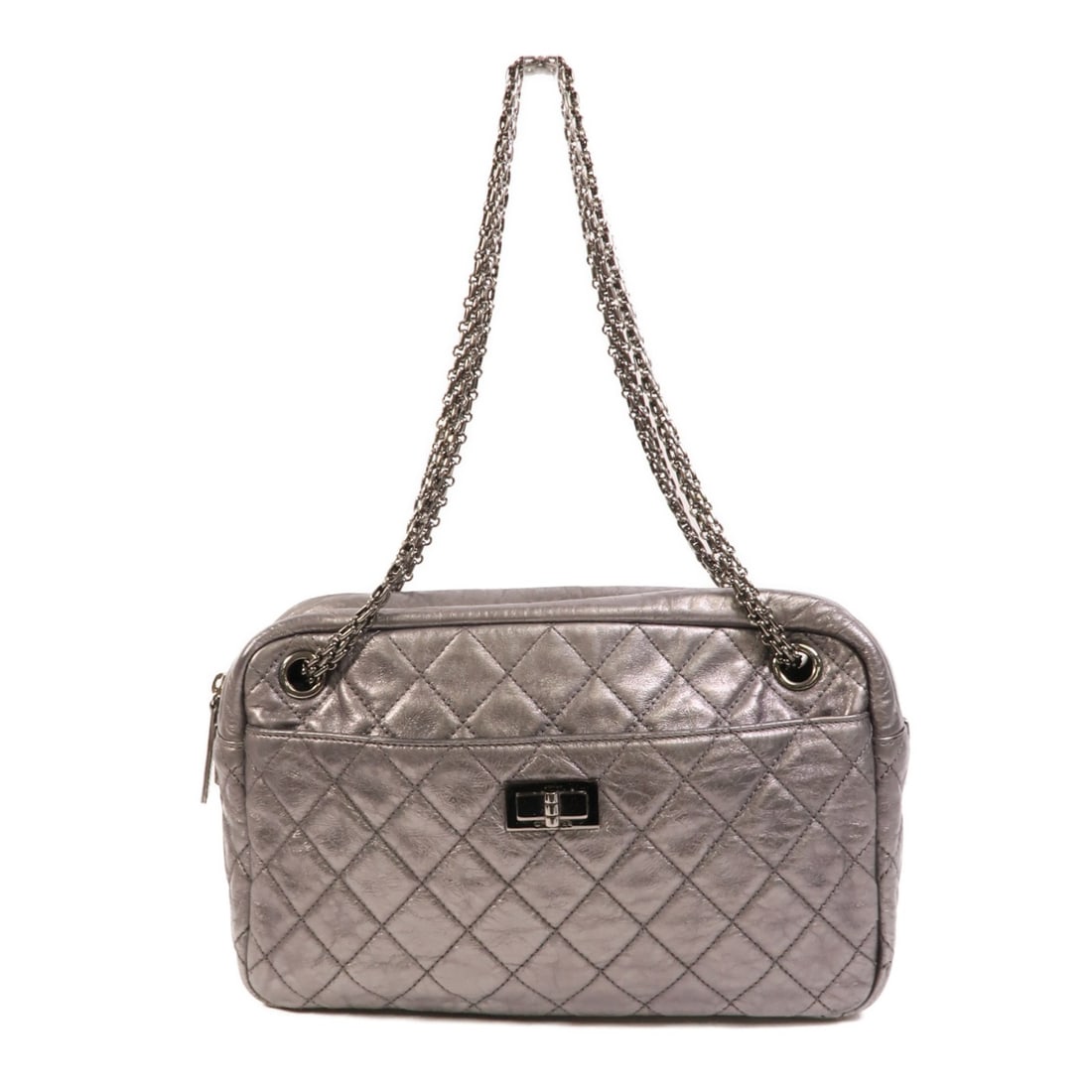 CHANEL 2.55 CC Shoulder Bag Silver Gray Calfskin Leather: CHANEL 2.55 CC Shoulder Bag Silver Gray Calfskin Leather CHANEL CC 2.55 chain shoulder bag in calfskin leather, presented in silver gray. It features a silver frame color, shoulder strap length of 60-