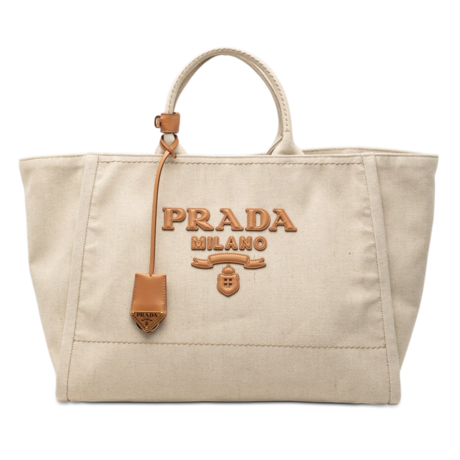 Linen and Vitello Tote Bag by Prada with Logo Detail: Linen and Vitello Tote Bag by Prada with Logo Detail This Prada Large Linen and Vitello Logo Tote features a beige linen body, rolled handles, an open top, and interior zip pockets. The tote is made i