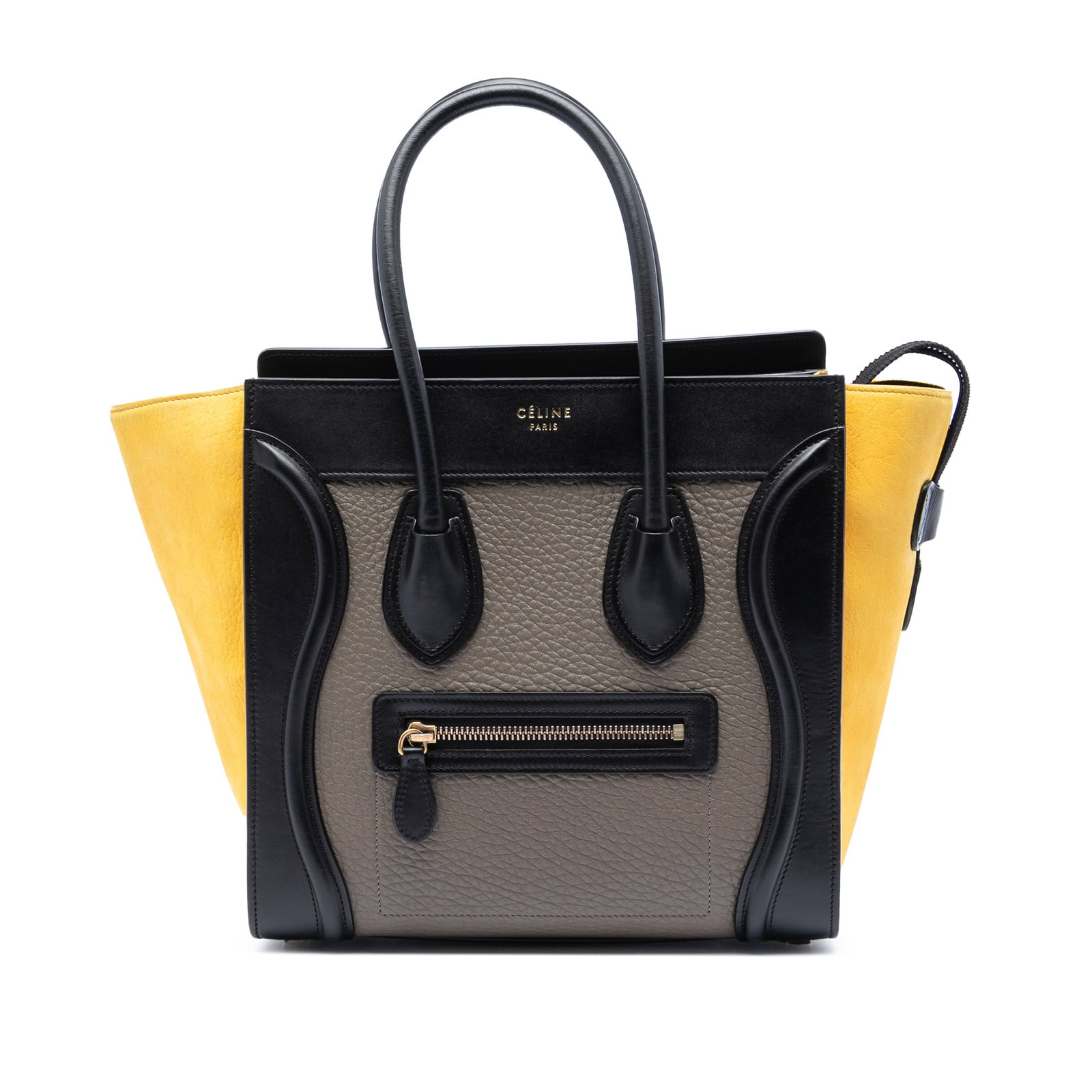 Celine Micro Luggage Tricolor Leather Tote: Celine Micro Luggage Tricolor Leather Tote This Celine Micro Tricolor Leather Luggage Tote is crafted in Italy from premium leather and features rolled leather handles, a top zip closure, an exterior 