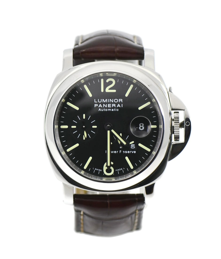 Panerai PAM00090 Luminor 44 mm stainless steel wristwatch with box: Panerai PAM00090 Luminor 44 mm stainless steel wristwatch with box Panerai Luminor wristwatch with a 44 mm stainless steel case, black dial, and leather band. It features a mechanical automatic moveme