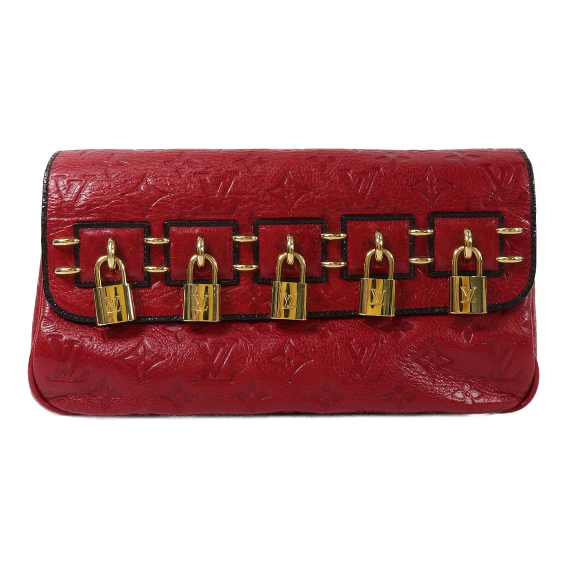 Louis Vuitton My Deer Enigme Red Calfskin Clutch M40280: Louis Vuitton My Deer Enigme Red Calfskin Clutch M40280 A Louis Vuitton My Deer Enigme clutch bag in Monogram Empreinte red calfskin, featuring gold-tone hardware. The bag is model M40280 and comes wi