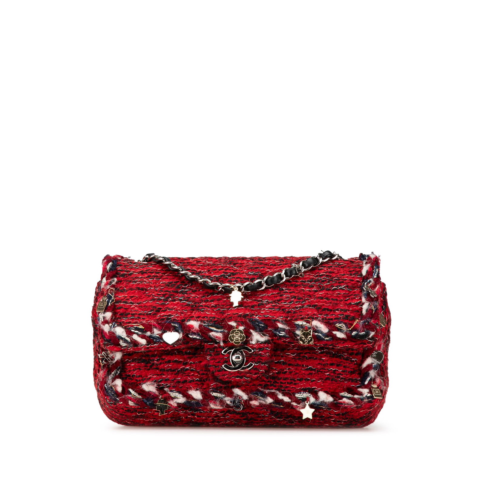 Chanel Medium Tweed Braided Charms Double Flap Red Bag: Chanel Medium Tweed Braided Charms Double Flap Red Bag Presenting the Chanel Medium Tweed Braided Charms Double Flap, an exquisite bag that combines elegance with functionality. This chic handbag feat