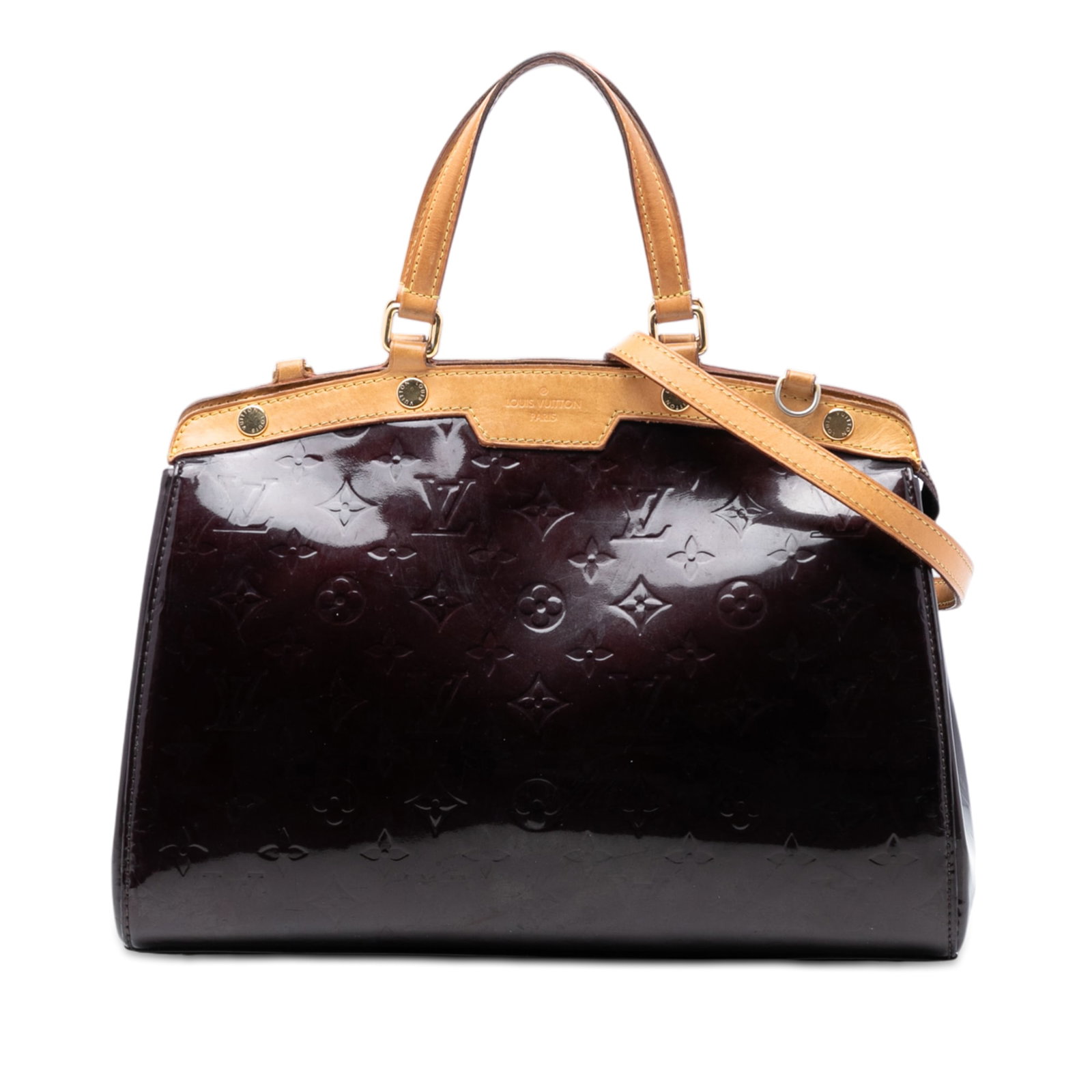 Louis Vuitton Monogram Vernis Brea MM Purple Vernis Leather Handbag with Vachetta Trim: Louis Vuitton Monogram Vernis Brea MM Purple Vernis Leather Handbag with Vachetta Trim The Louis Vuitton Monogram Vernis Brea MM features a vernis leather body with vachetta leather trim, flat vachett
