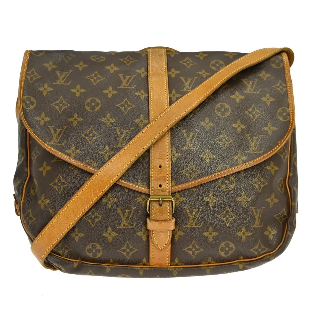 Louis Vuitton Saumur Messenger Bag in Brown Monogram Canvas: Louis Vuitton Saumur Messenger Bag in Brown Monogram Canvas Louis Vuitton Saumur Messenger in brown monogram canvas. This unisex bag is made in France and is presented in fair condition, with visible 