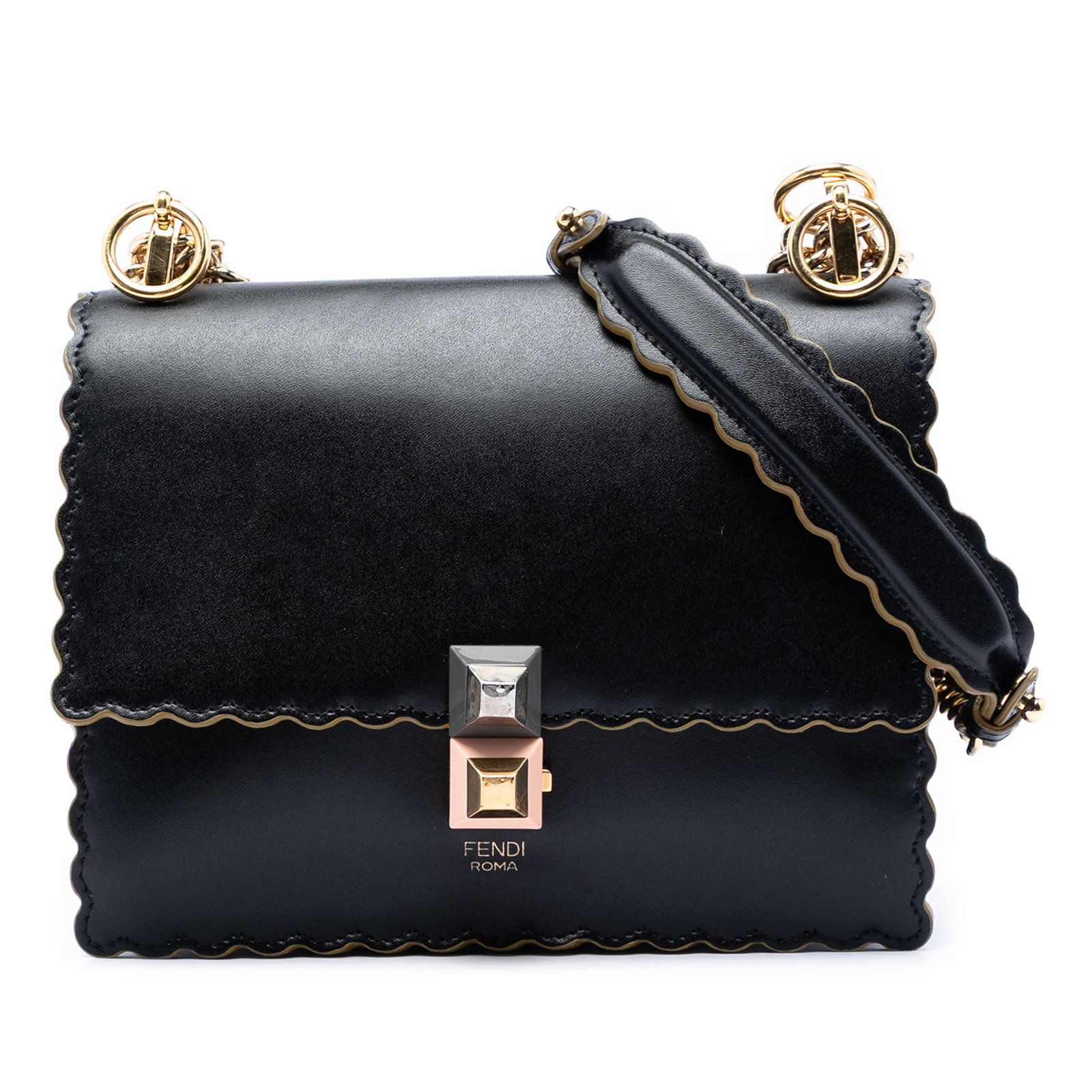 Fendi Kan I Small Scalloped Leather Crossbody Bag Black: Fendi Kan I Small Scalloped Leather Crossbody Bag Black This Fendi Small Scalloped Leather Kan I Crossbody is crafted in black leather with a structured silhouette. It features a curb chain link shoul
