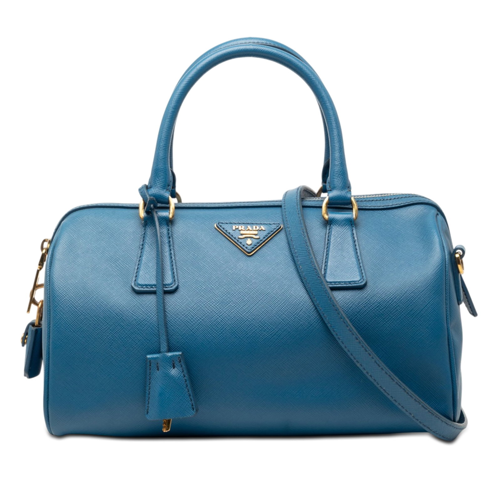 Prada blue Saffiano leather Boston satchel: Prada blue Saffiano leather Boston satchel This Prada Saffiano Lux Boston Bag is crafted from saffiano leather in a blue hue. It features a structured satchel silhouette with rolled leather handles, a